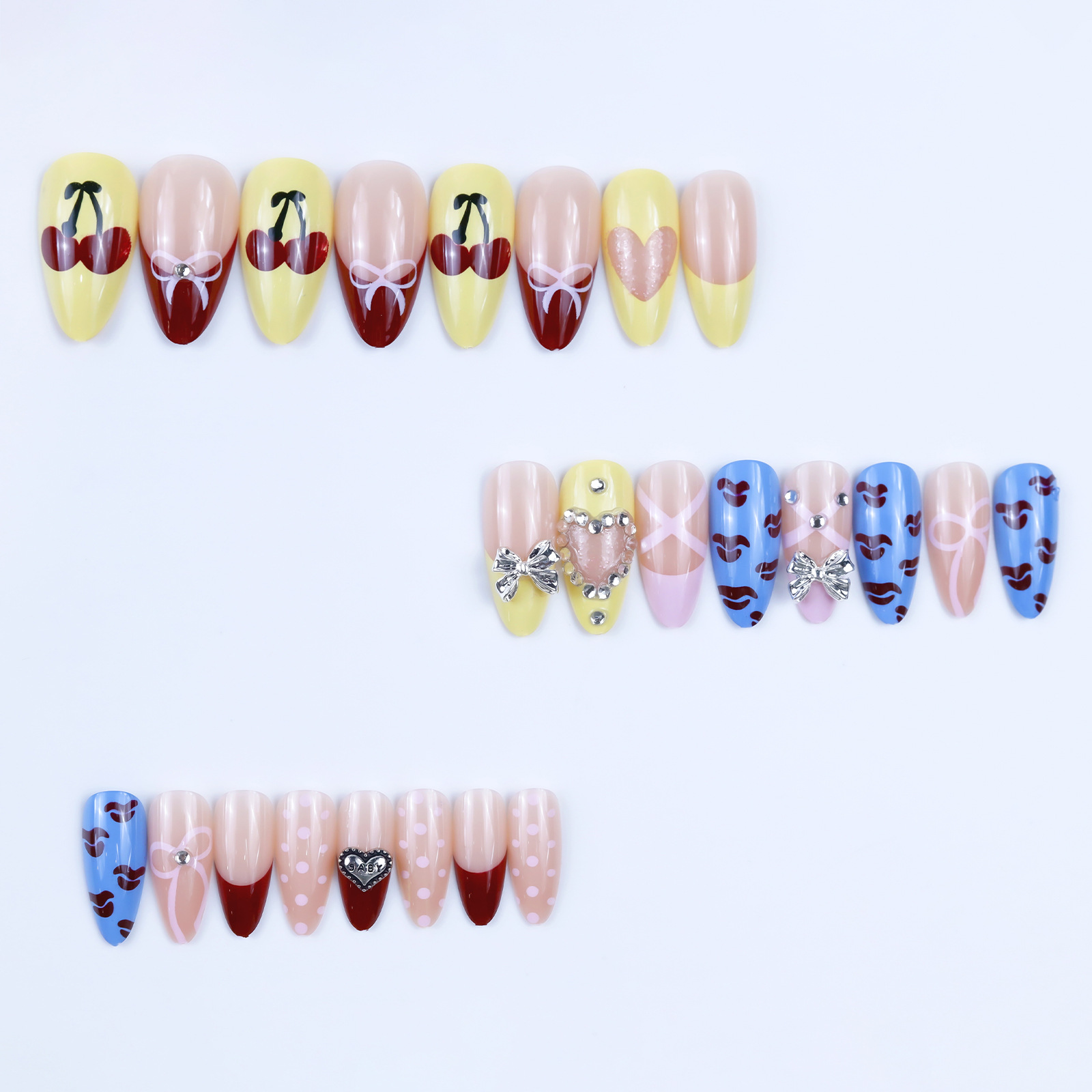 Cross-border best-seller: rose red silver patterned nail art tips, medium almond shape false nails, removable wearable nails, wholesale view 4