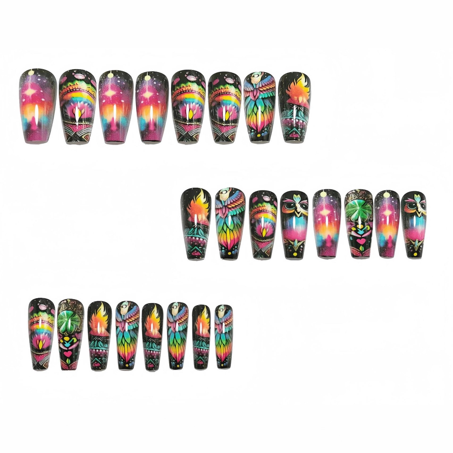 Popular long wearable nail decals in Europe and America, removable 24-piece fantasy colorful starry sky owl feather wearable fake nails view 3