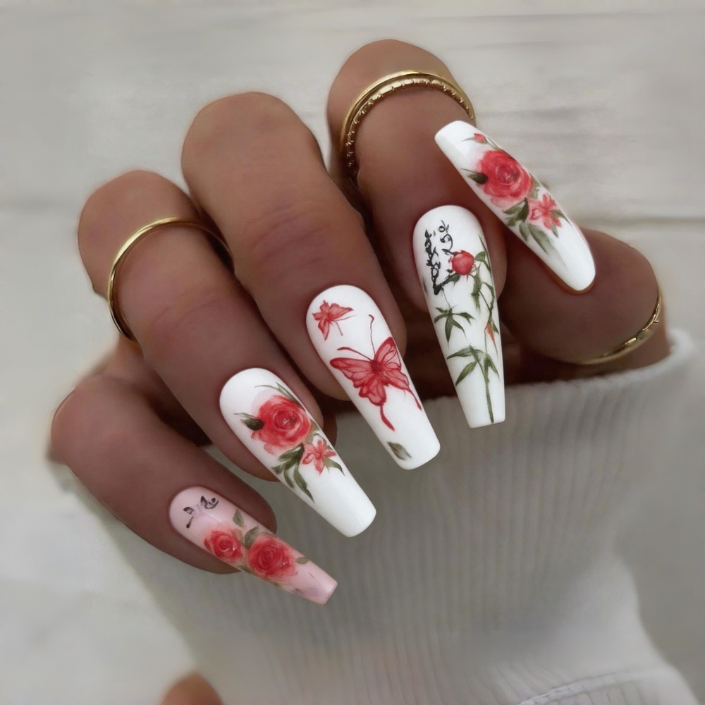 Long gorgeous rose flower butterfly nail art wearable nail tips, European and American Instagram style wearable nail art tips