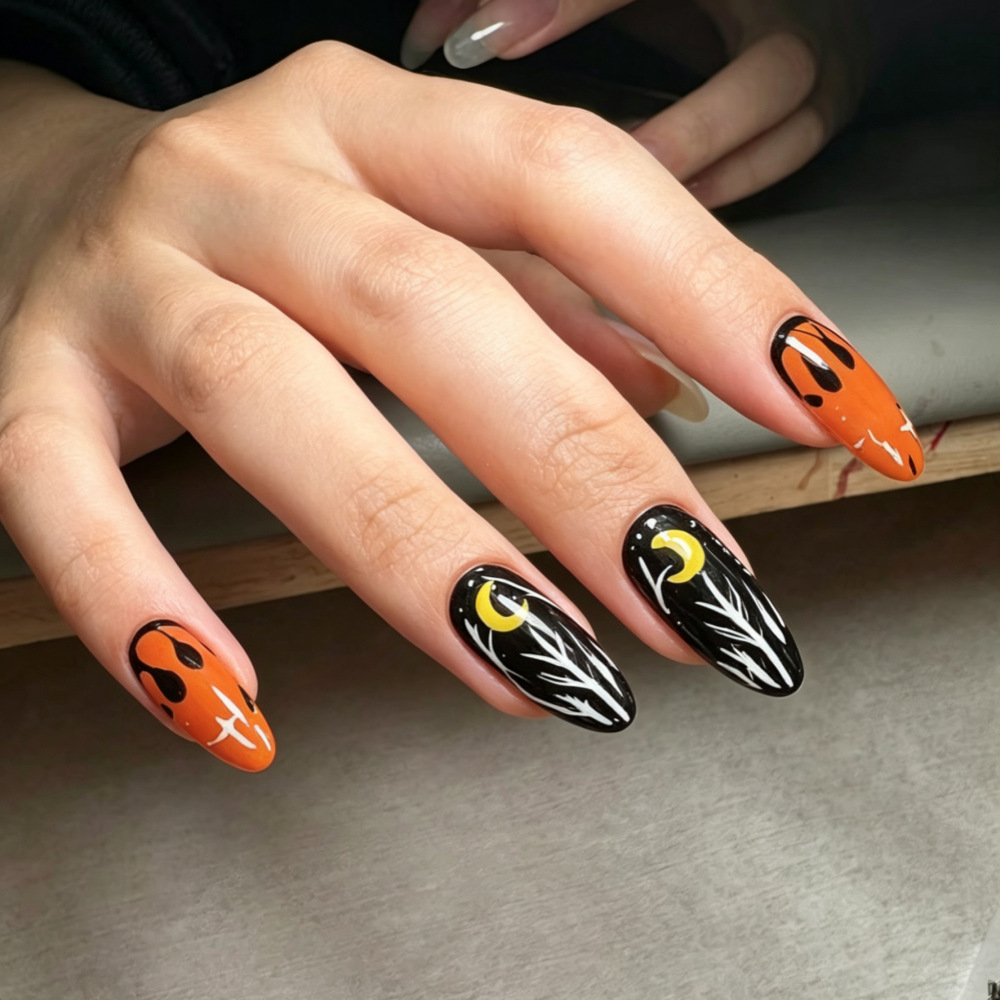 Halloween costume nail art wholesale, white ghost and pumpkin nail decals, press-on nails