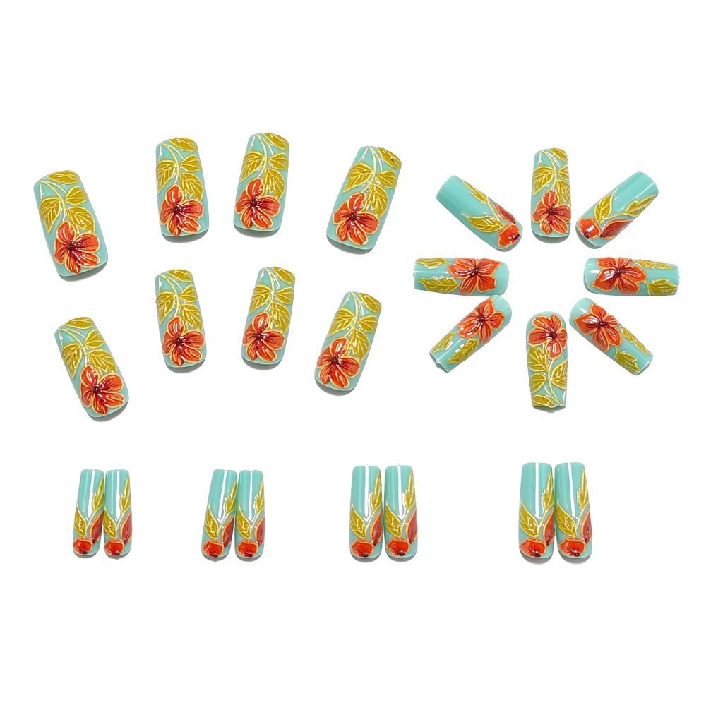 Hot-selling wearable nail tips for foreign trade, featuring orange flowers, long style, and press-on nails, perfect for wearing fake nails view 2