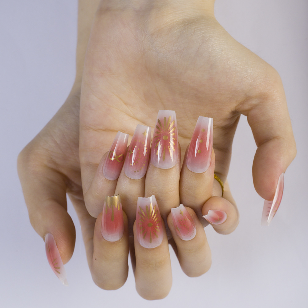 Long ballet fake nails, 24 pieces, simple and white, caramel gradient lines, wearable nails, wholesale view 3