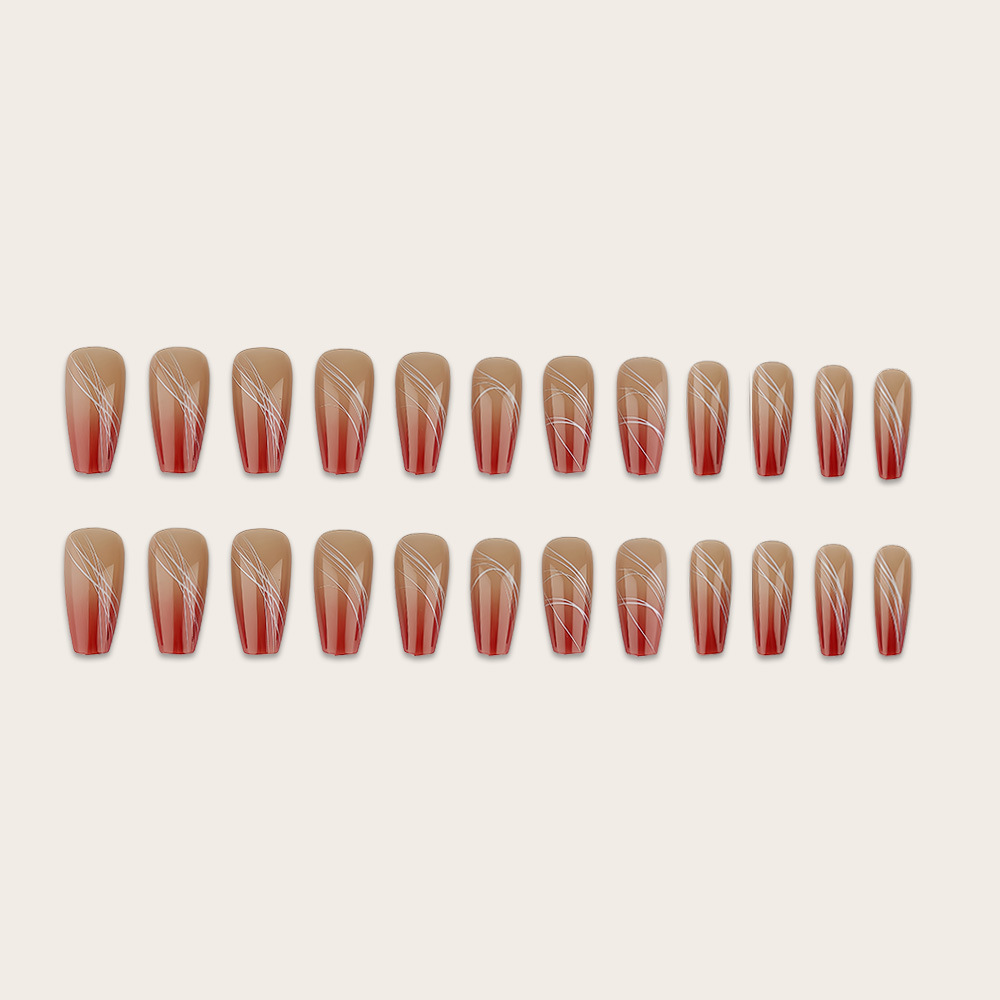 Long ballet fake nails, 24 pieces, simple and white, caramel gradient lines, wearable nails, wholesale view 2