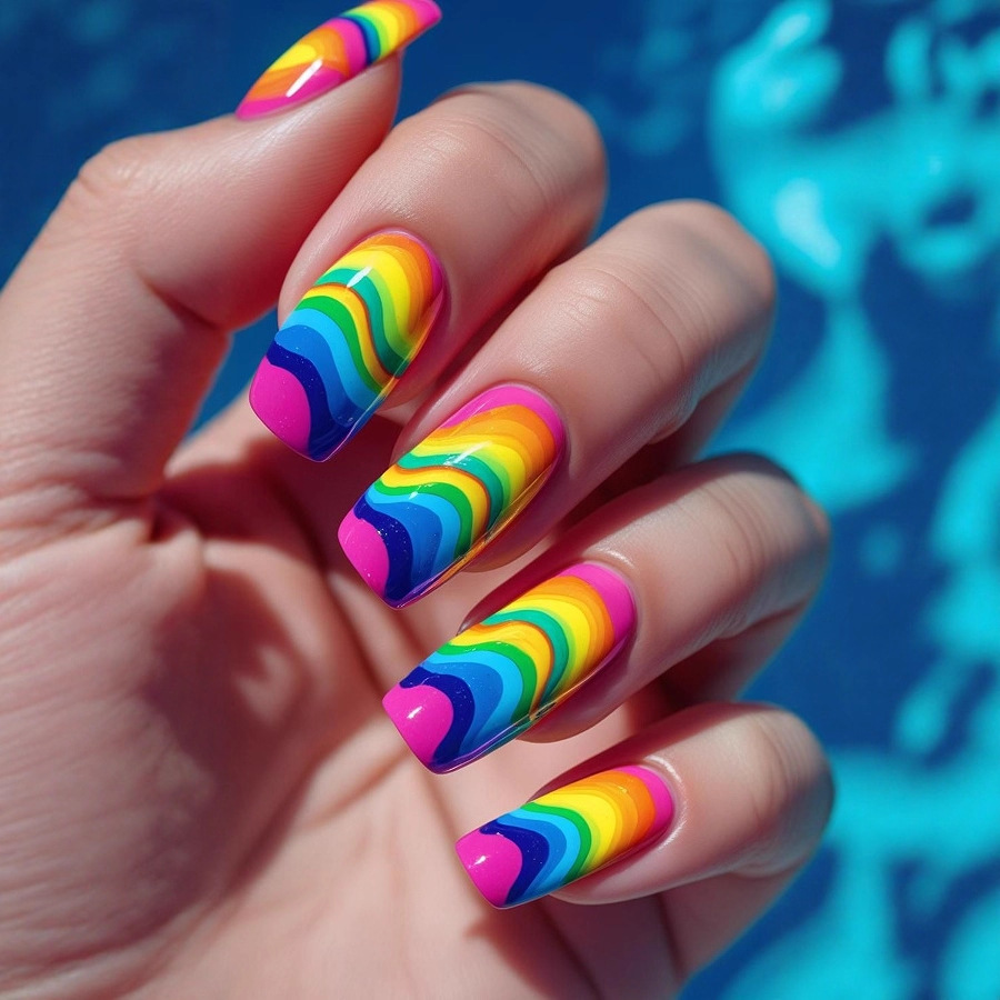 Mid-length ballet-shaped nail art stickers, multi-colored striped fake nails, cross-border foreign trade fashionable striped nail art stickers