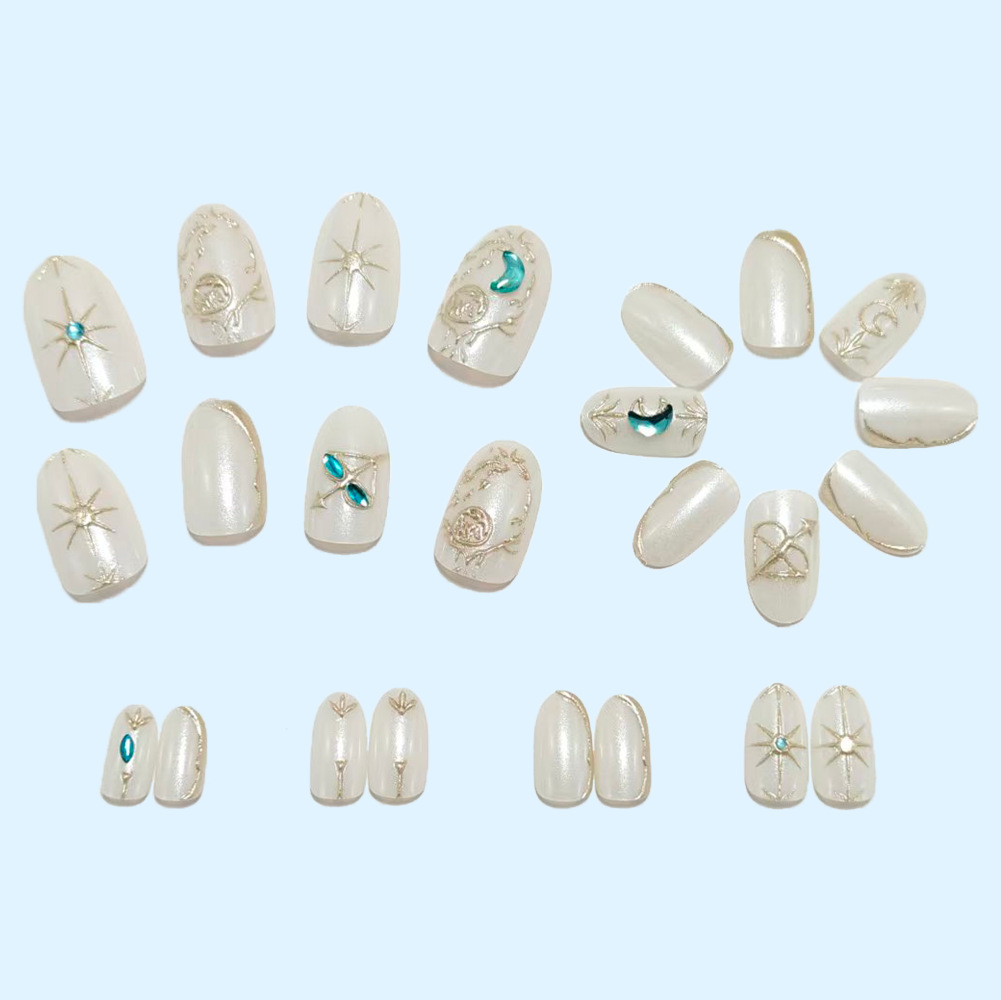 Wearable short gold glittery false nail tips, removable wearable nail art tips, finished product view 4