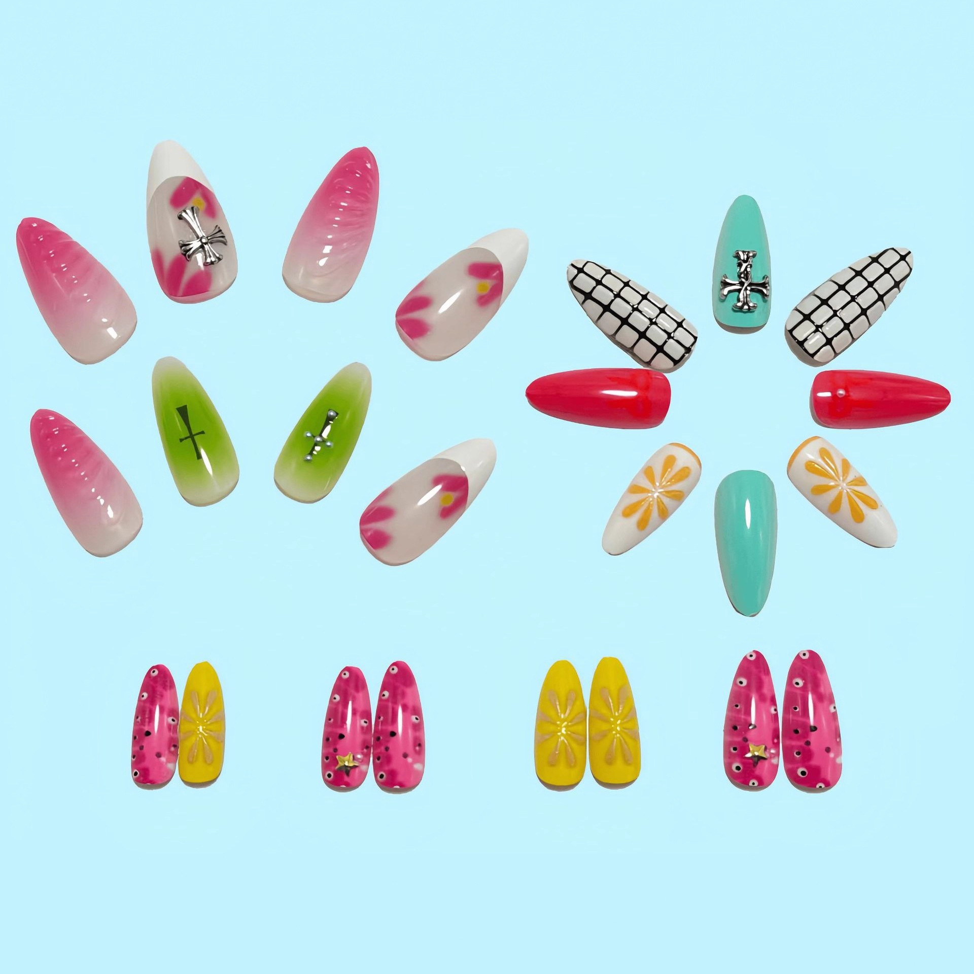3D Stereo Epoxy Fake Nail Stars Grid Flower Nail Art Stickers Cross Nail Art Tips Removable Wholesale