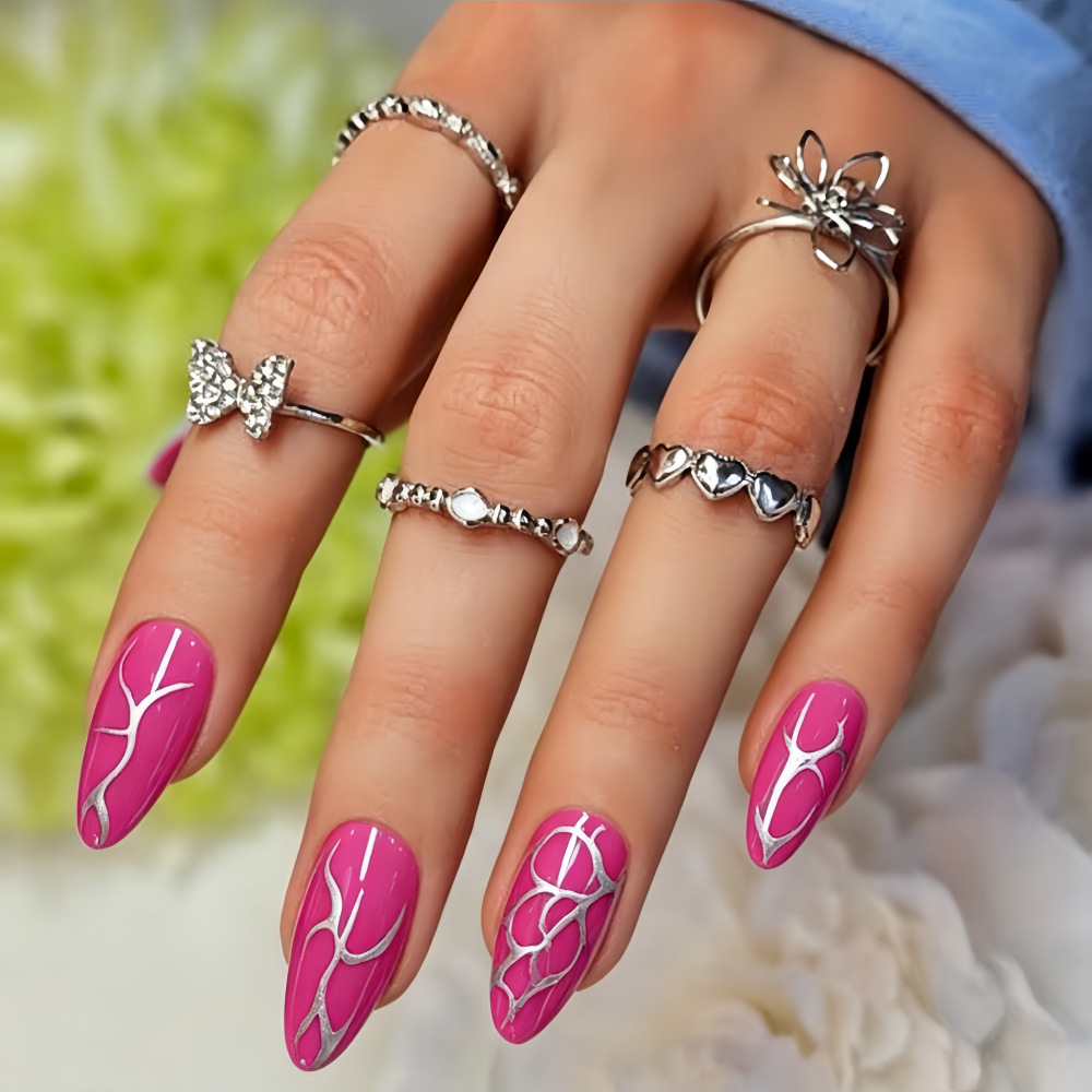 Cross-border best-seller: rose red silver patterned nail art tips, medium almond shape false nails, removable wearable nails, wholesale