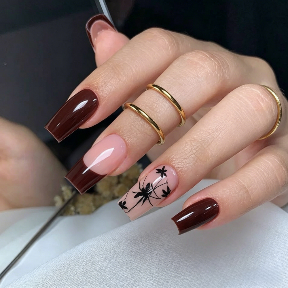 Vintage brown tone contrast color flower vine nail art nail tips cross-border French detachable wearable false nails