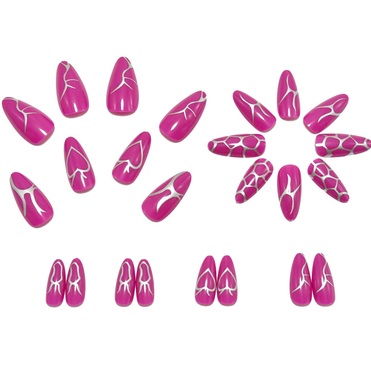 Cross-border best-seller: rose red silver patterned nail art tips, medium almond shape false nails, removable wearable nails, wholesale view 2