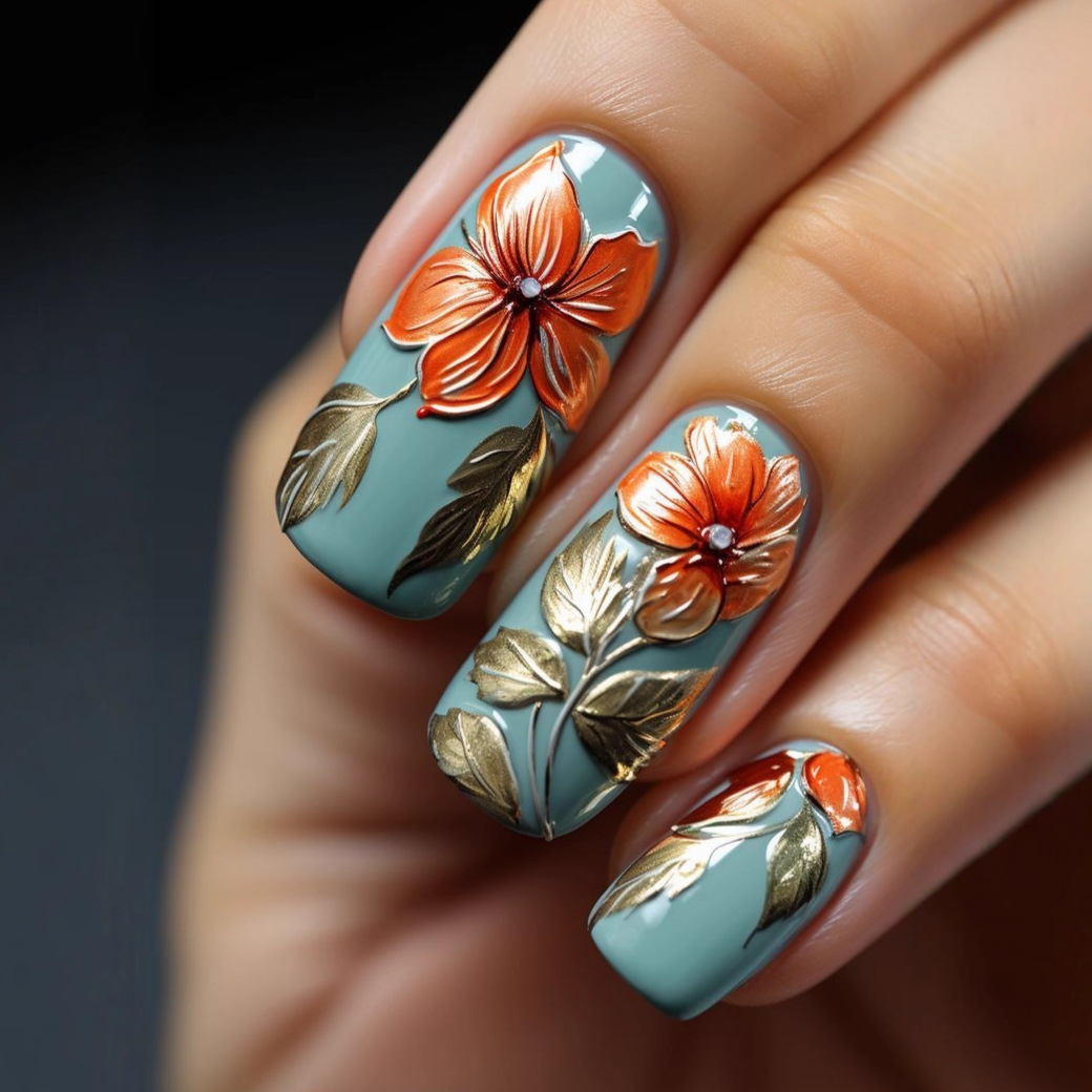 Hot-selling wearable nail tips for foreign trade, featuring orange flowers, long style, and press-on nails, perfect for wearing fake nails