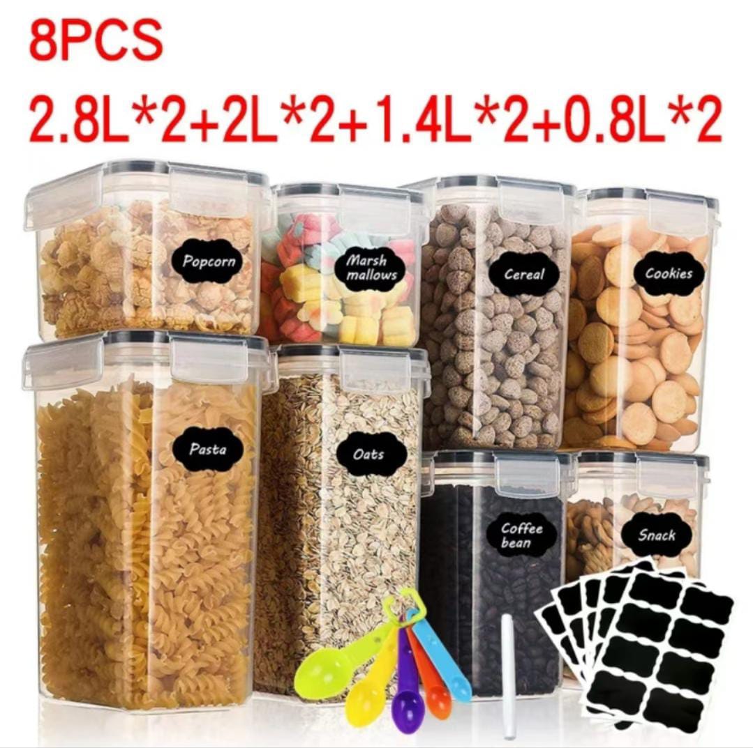 8PCS heavy plastic Pantry kitchen food storage containers with the capacity of 2pcs 800mls,2pcs 1400mls,2pcs 2000mls,and 2pcs 2800mls