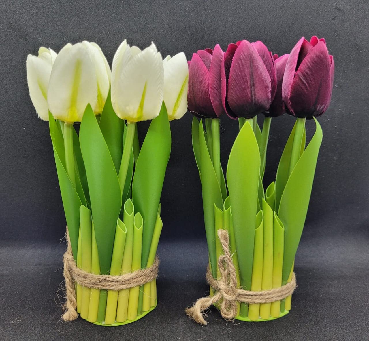 6pcs Artificial Tulip Bouquet – Rustic Sisal Rope Wrapped Faux Flowers for Table & Shelf Decor – Home, Office & Event Floral Decoration