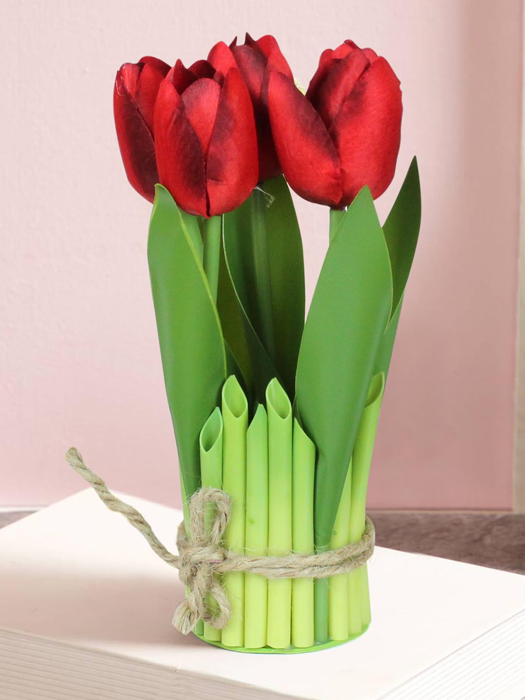 6pcs Artificial Tulip Bouquet – Rustic Sisal Rope Wrapped Faux Flowers for Table & Shelf Decor – Home, Office & Event Floral Decoration