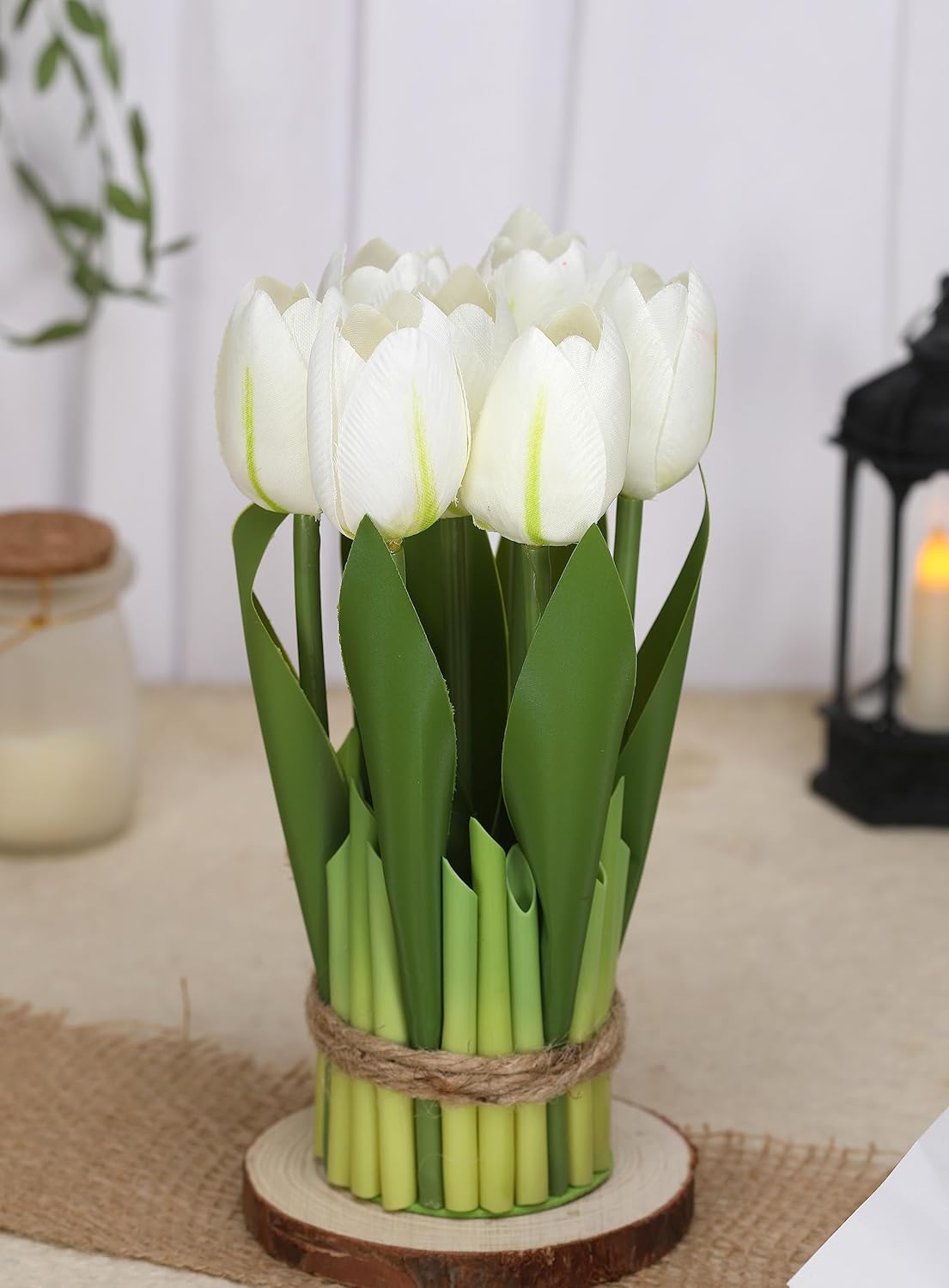 6pcs Artificial Tulip Bouquet – Rustic Sisal Rope Wrapped Faux Flowers for Table & Shelf Decor – Home, Office & Event Floral Decoration
