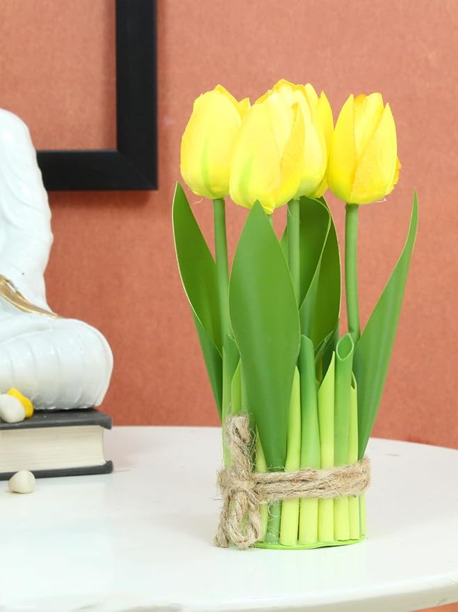 6pcs Artificial Tulip Bouquet – Rustic Sisal Rope Wrapped Faux Flowers for Table & Shelf Decor – Home, Office & Event Floral Decoration