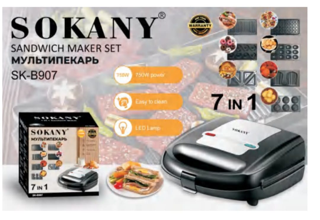 NEW ARRIVAL !!! SOKANY SK-B907 7-in-1 Electric Breakfast Maker Machine 750W Sandwich Toaster Panini Grill Waffle & Donut Maker with Removable Plates - Black