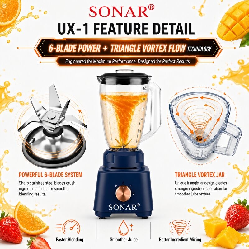 Sonar UX1 2-in-1 Blender & Fruit Juicer 1.8L | 6-Blade | Grinding Cup