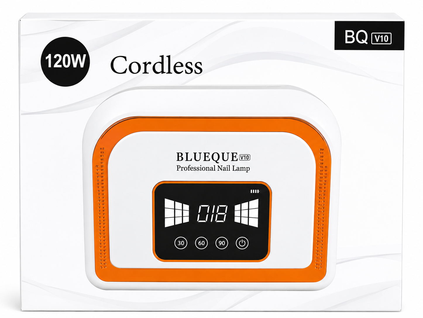 BLUEQUE BQ V10 120W Cordless Professional Nail Lamp - 30, 60 and 90-second timer settings, Digital LCD display, Smart infrared sensor for automatic operation.
