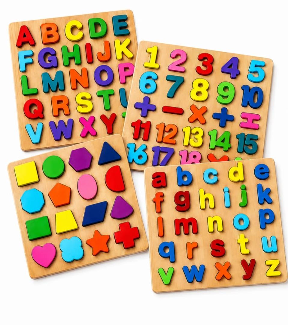 Montessori 4-in-1 Wooden Educational Learning Board – Alphabet, Numbers, Shapes & Early Learning Toy