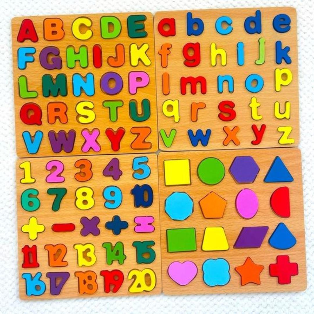 Montessori 4-in-1 Wooden Educational Learning Board – Alphabet, Numbers, Shapes & Early Learning Toy