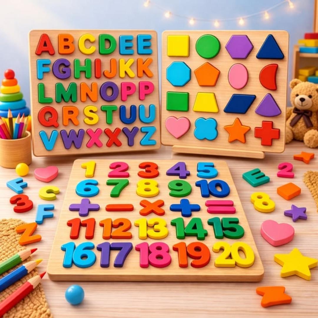 Montessori 4-in-1 Wooden Educational Learning Board – Alphabet, Numbers, Shapes & Early Learning Toy