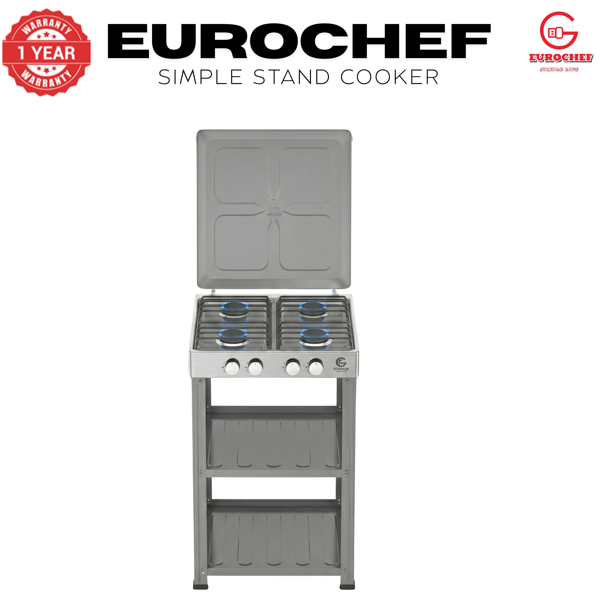 【Exclusive Offer】 EUROCHEF EC-6074(4G)  Simple Standing Cooker Full 4 Gas Cooker With Shelves & No Oven