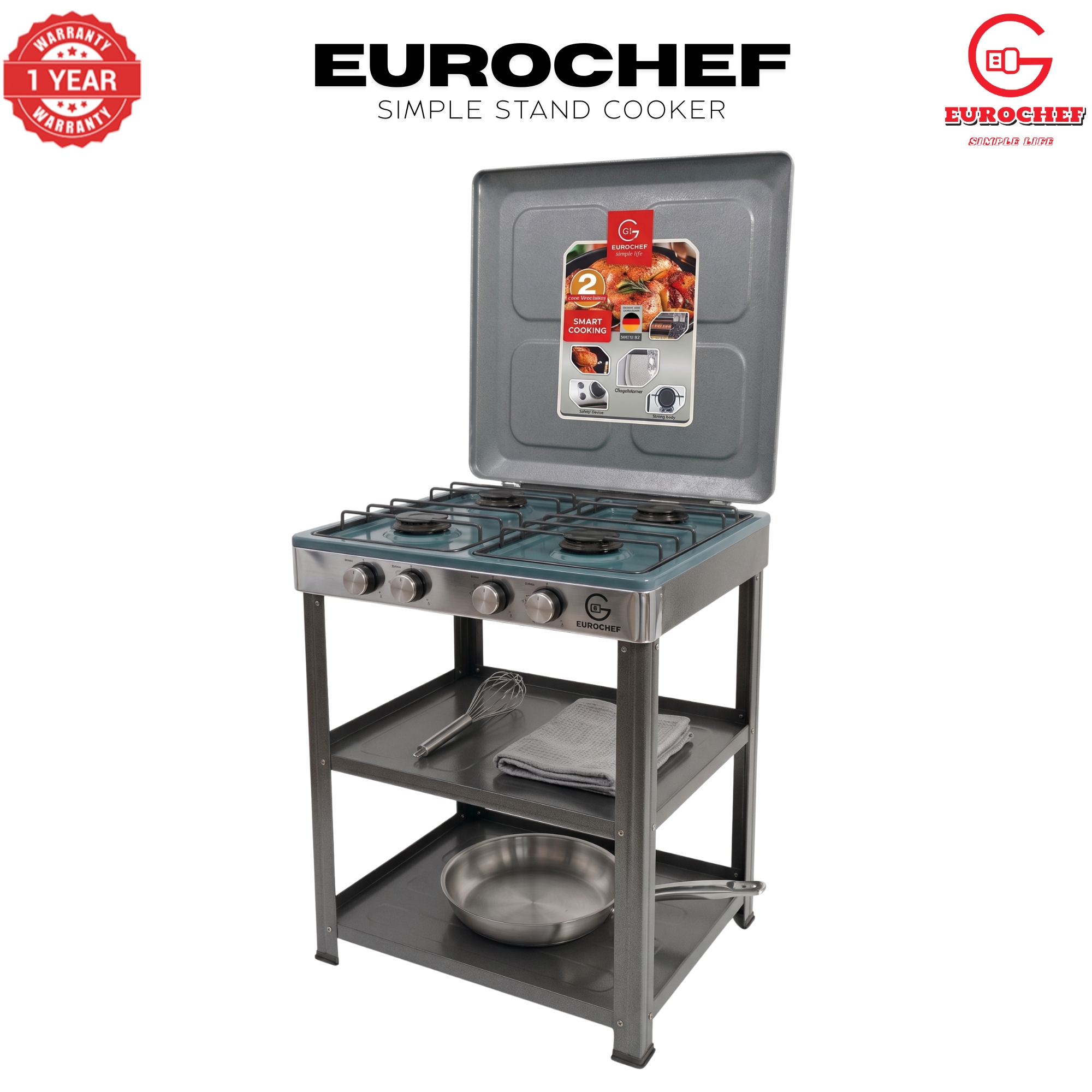 【Exclusive Offer】 EUROCHEF EC-6074(4G)  Simple Standing Cooker Full 4 Gas Cooker With Shelves & No Oven