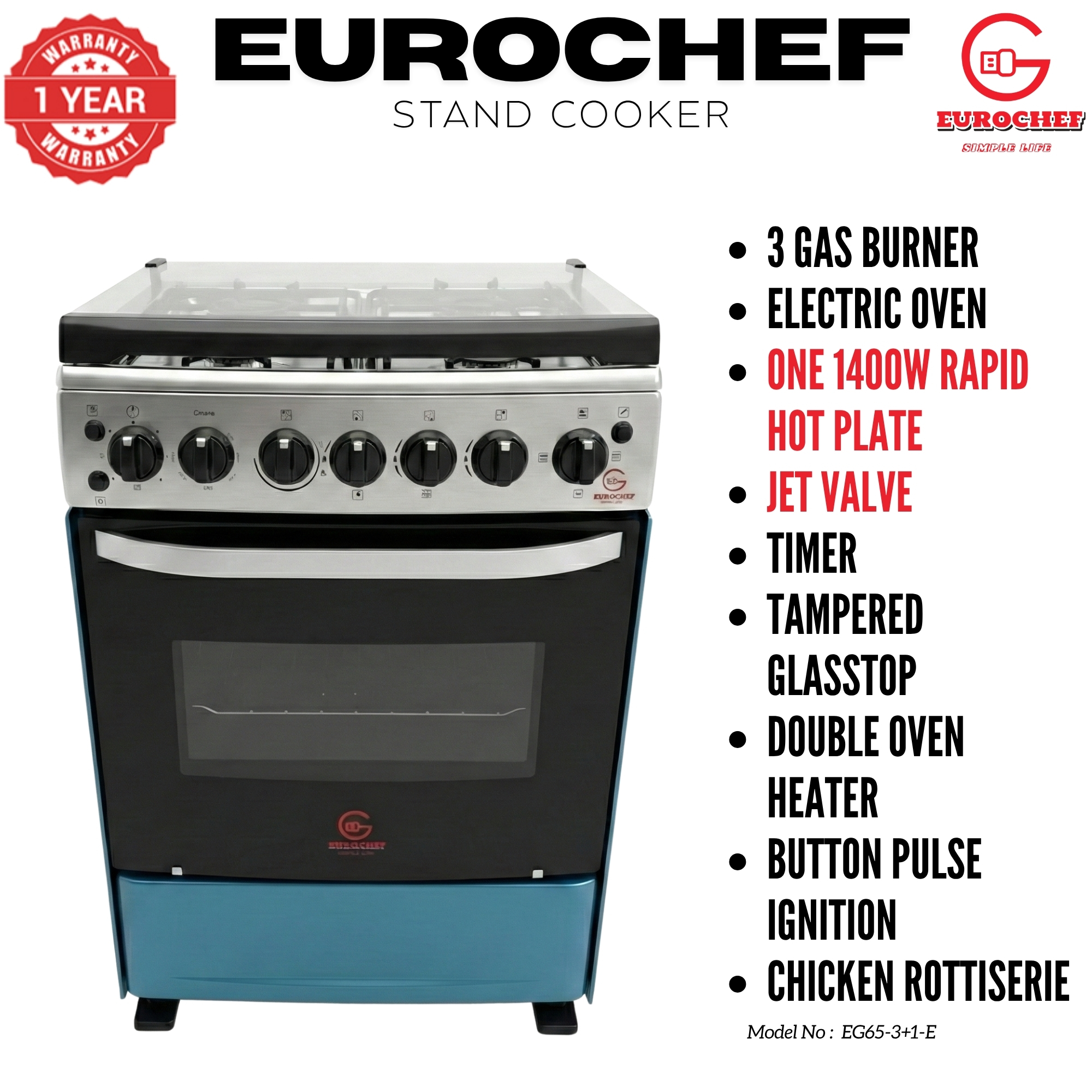【LIMITED OFFER】 EUROCHEF 60X65 EGT65-3G1E-E Home Improvement 67l  Free Standing Gas Cooker  3 Gas +1 Hotplate Kitchen Appliance With Electric Oven