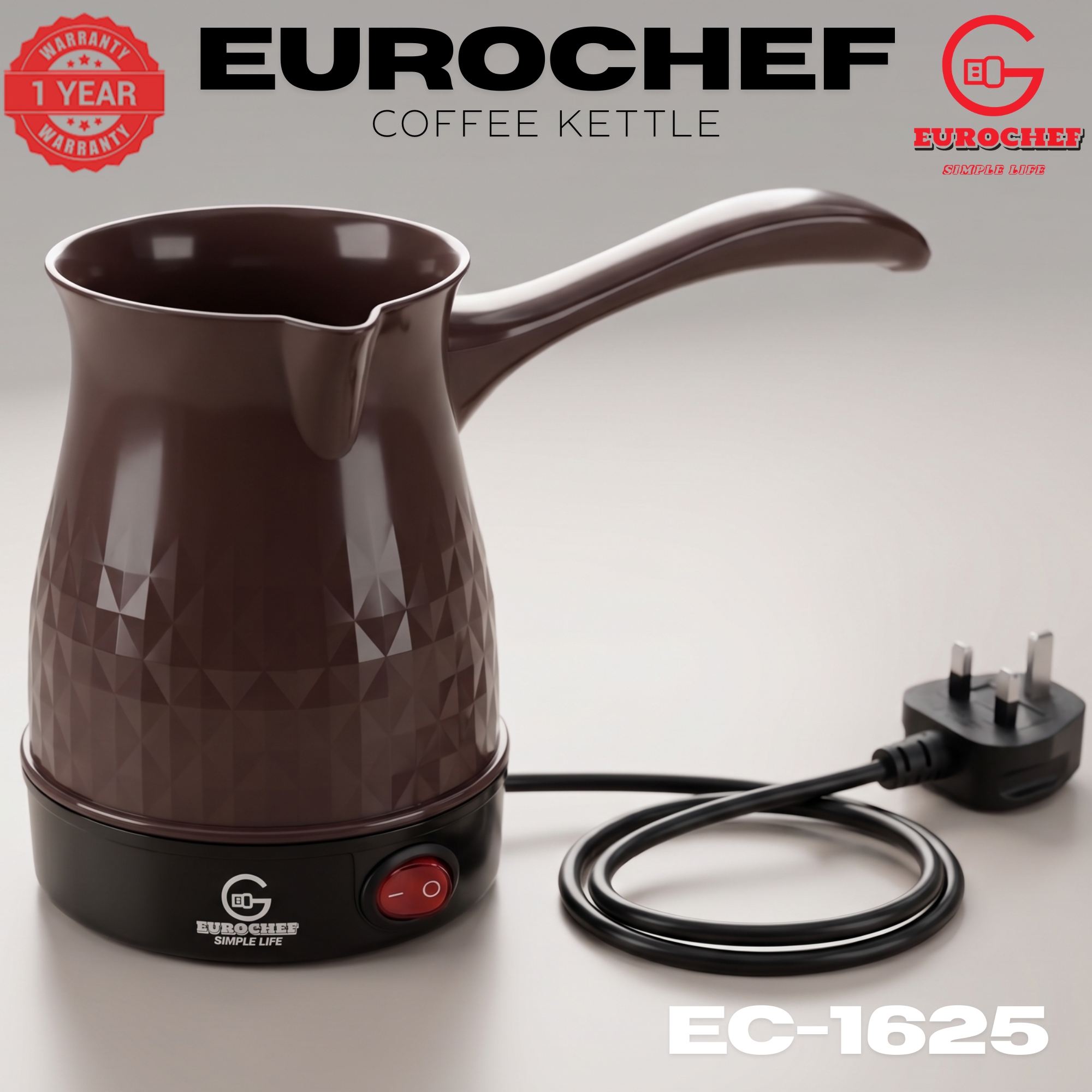 【Limited Offer】Eurochef  EC-1625  Electric Turkish Coffee Maker - Cordless Kettle, BPA-Free, 0.5L (500ml), 600W