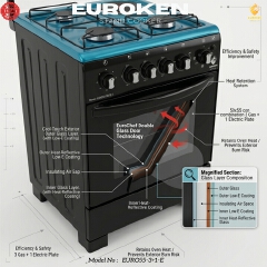 【LIMITED OFFER】 Euroken Euro55-3G1E-E  50L Home Improvement   Free Standing  Gas Cooker 3 GAS +1 Hot plate Kitchen Appliance with electric oven - 50X55CM