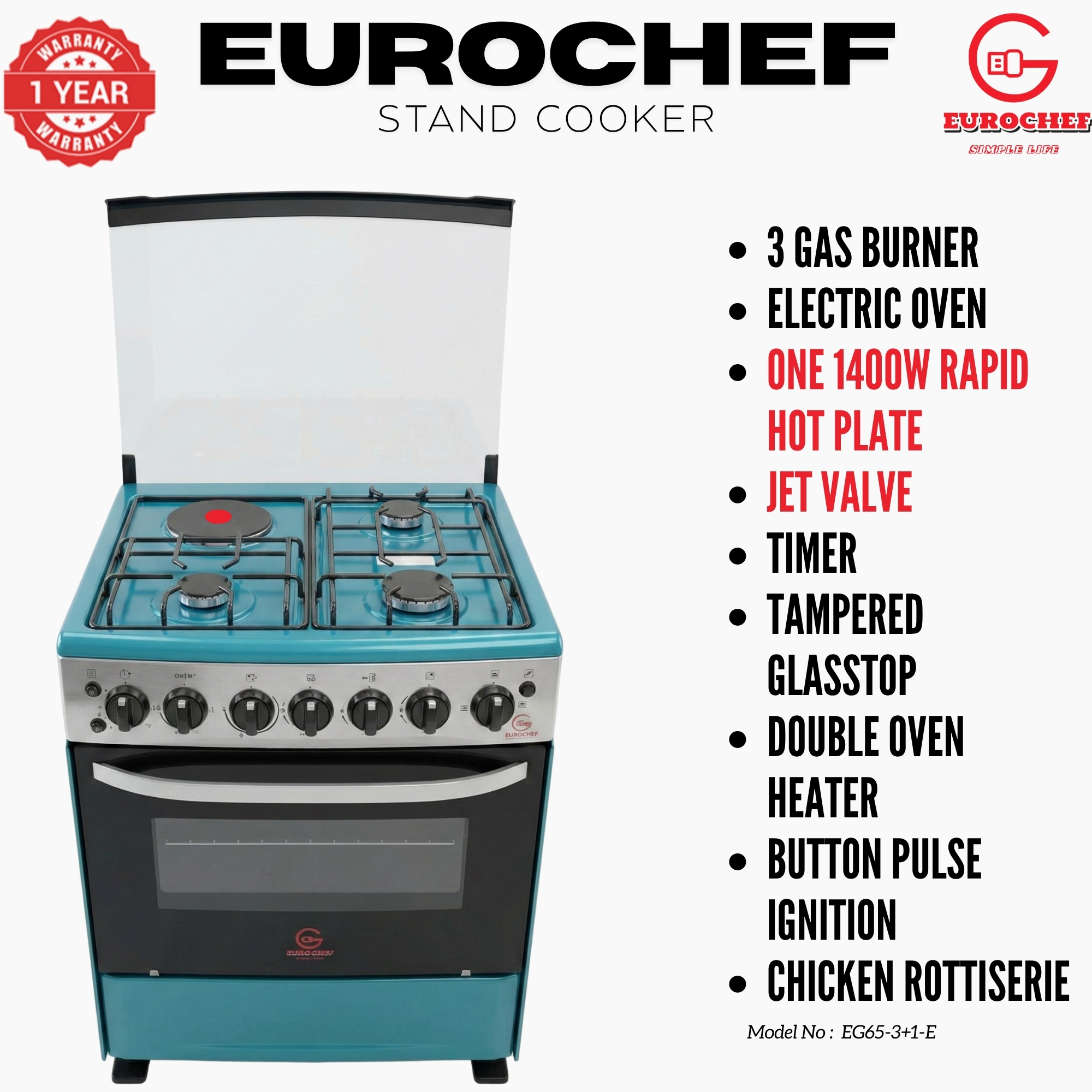 【LIMITED OFFER】 EUROCHEF 60X65 EGT65-3G1E-E Home Improvement 67l  Free Standing Gas Cooker  3 Gas +1 Hotplate Kitchen Appliance With Electric Oven