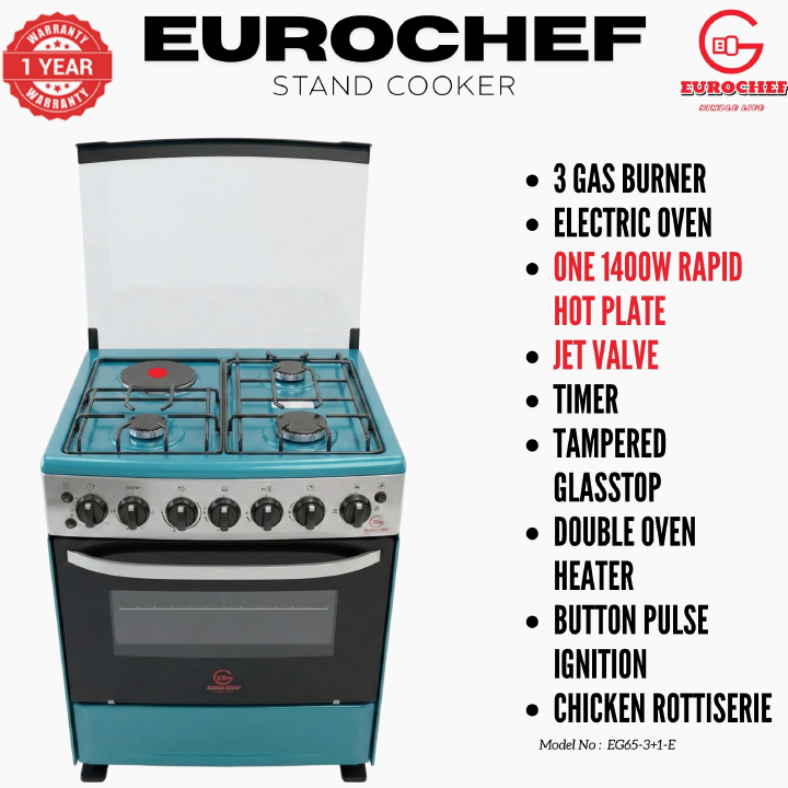 【LIMITED OFFER】 EUROCHEF 60X65 EGT65-3G1E-E Home Improvement 67l  Free Standing Gas Cooker  3 Gas +1 Hotplate Kitchen Appliance With Electric Oven