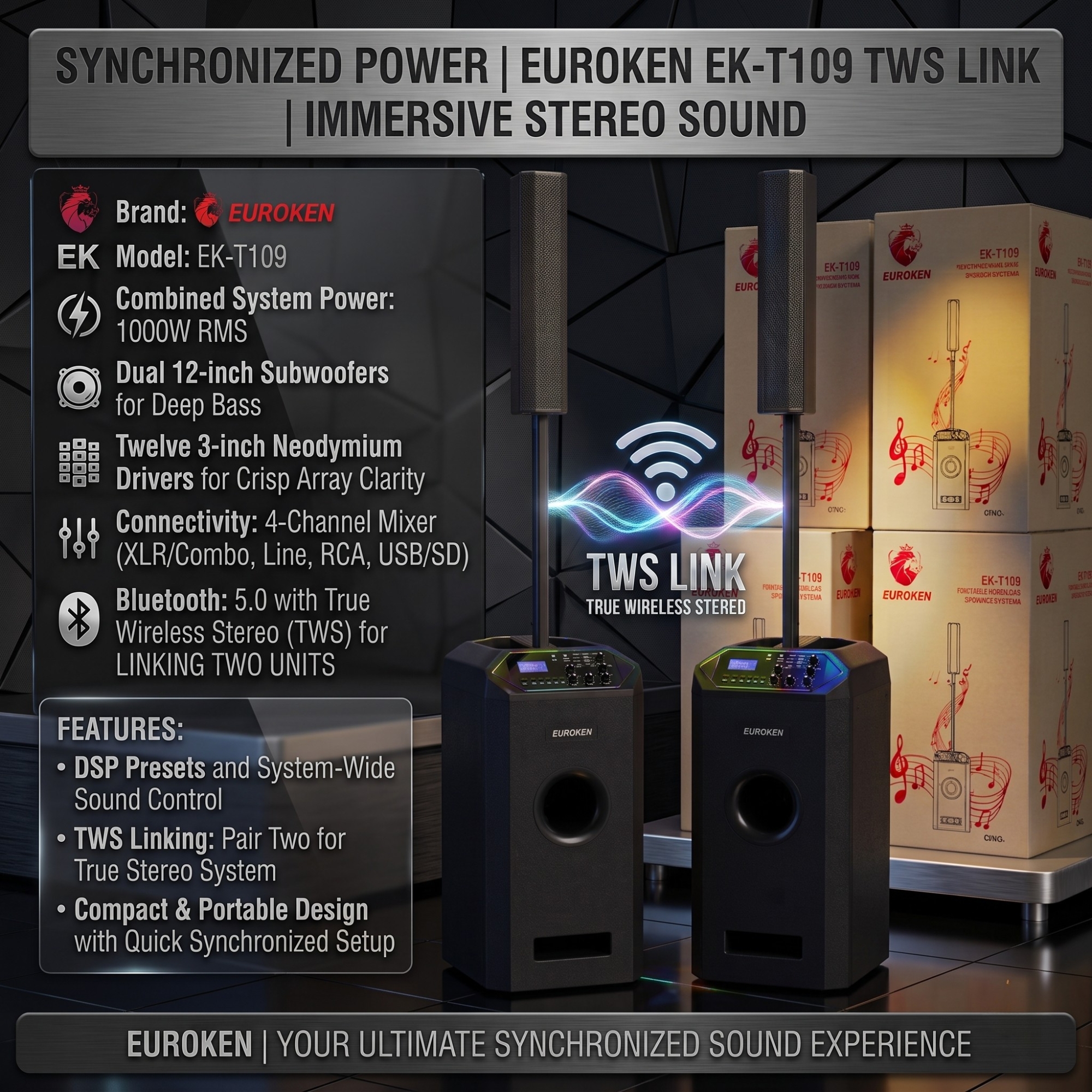 【Limited Offer】New Euroken EK-T109 Portable Wireless Speaker  System  with Bluetooth FM/SD Mem card Support with Super Bass Boost