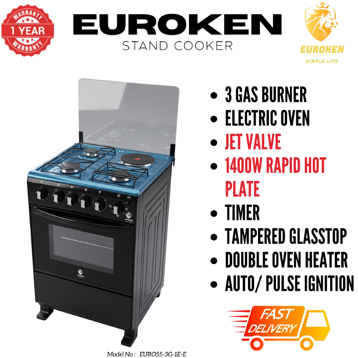 【LIMITED OFFER】 Euroken Euro55-3G1E-E  50L Home Improvement   Free Standing  Gas Cooker 3 GAS +1 Hot plate Kitchen Appliance with electric oven - 50X55CM