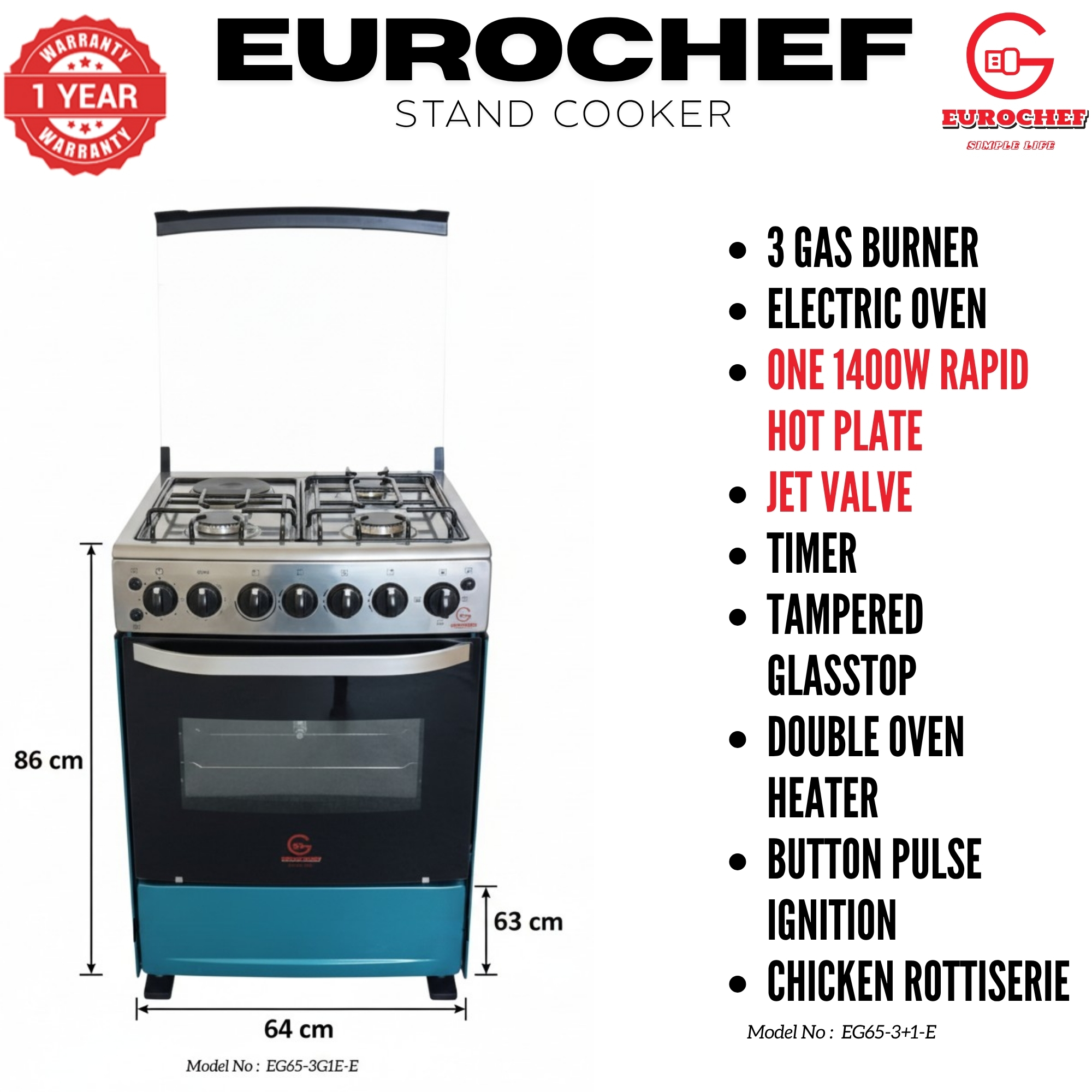 【LIMITED OFFER】 EUROCHEF 60X65 EGT65-3G1E-E Home Improvement 67l  Free Standing Gas Cooker  3 Gas +1 Hotplate Kitchen Appliance With Electric Oven