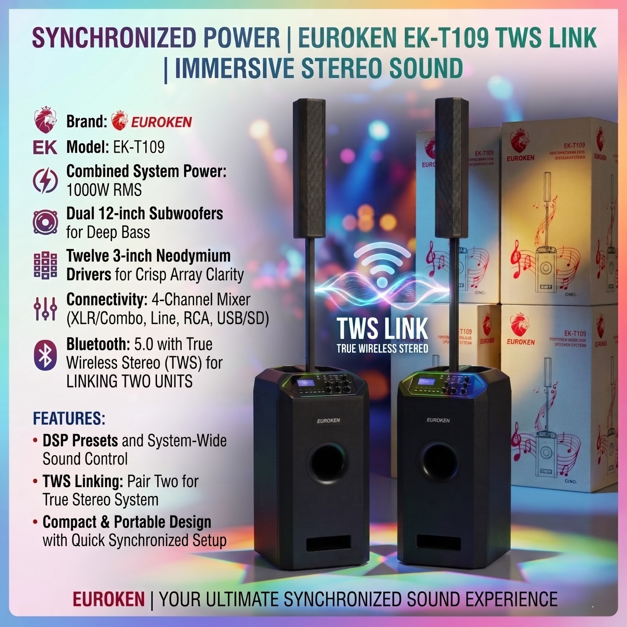 【Limited Offer】New Euroken EK-T109 Portable Wireless Speaker  System  with Bluetooth FM/SD Mem card Support with Super Bass Boost