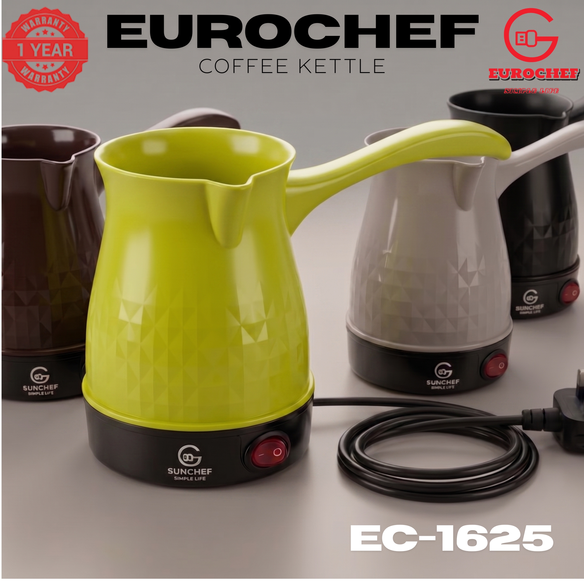 【Limited Offer】Eurochef  EC-1625  Electric Turkish Coffee Maker - Cordless Kettle, BPA-Free, 0.5L (500ml), 600W