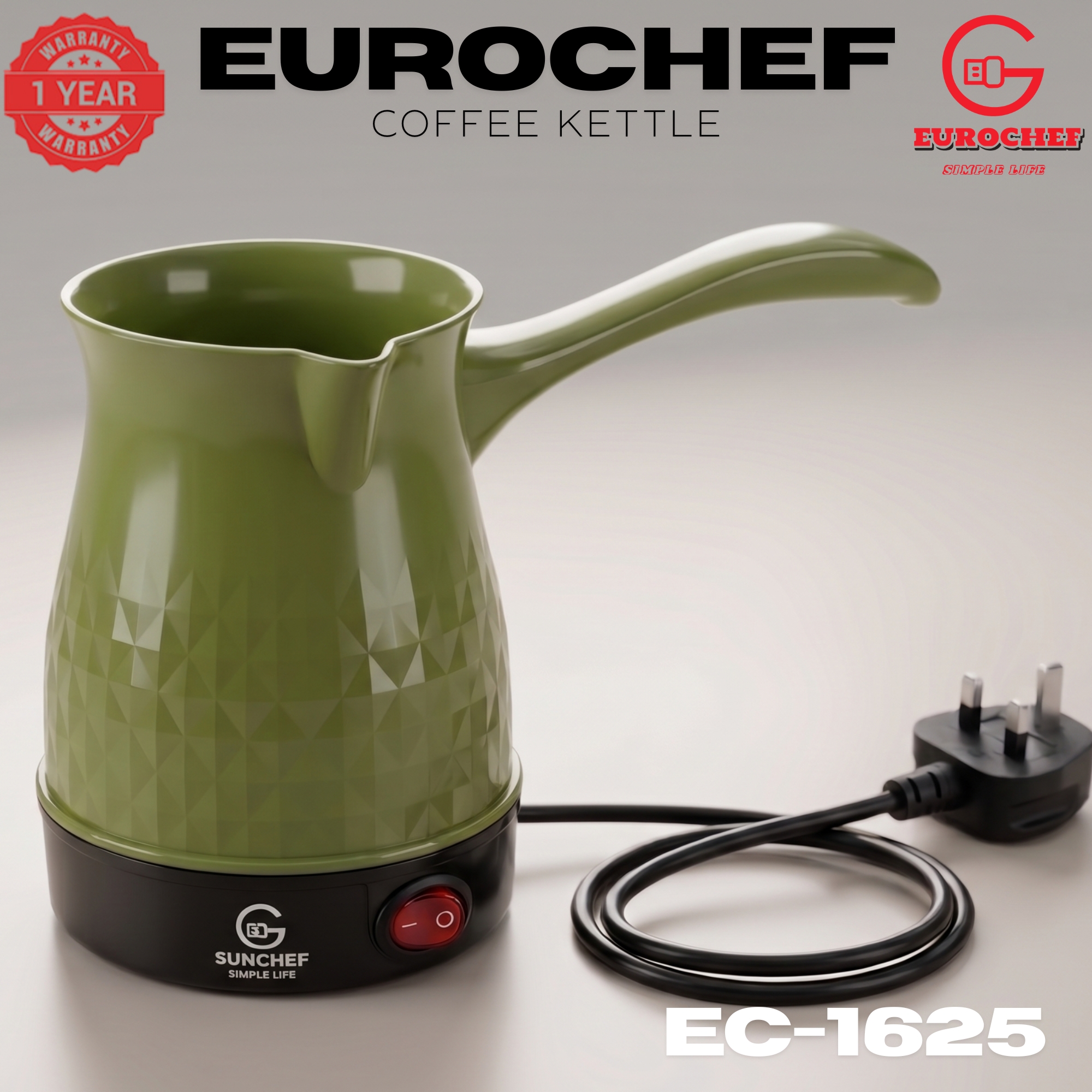 【Limited Offer】Eurochef  EC-1625  Electric Turkish Coffee Maker - Cordless Kettle, BPA-Free, 0.5L (500ml), 600W