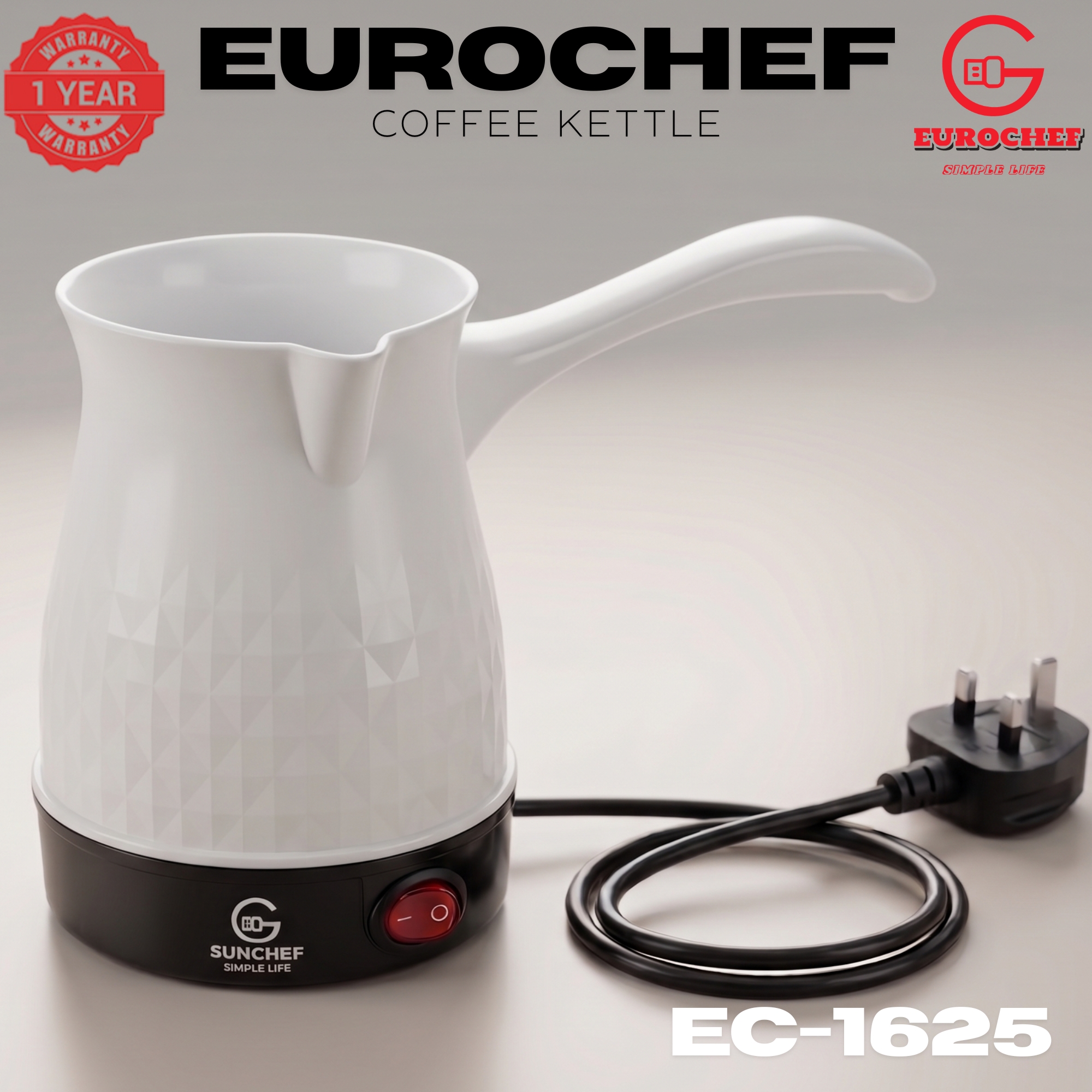 【Limited Offer】Eurochef  EC-1625  Electric Turkish Coffee Maker - Cordless Kettle, BPA-Free, 0.5L (500ml), 600W