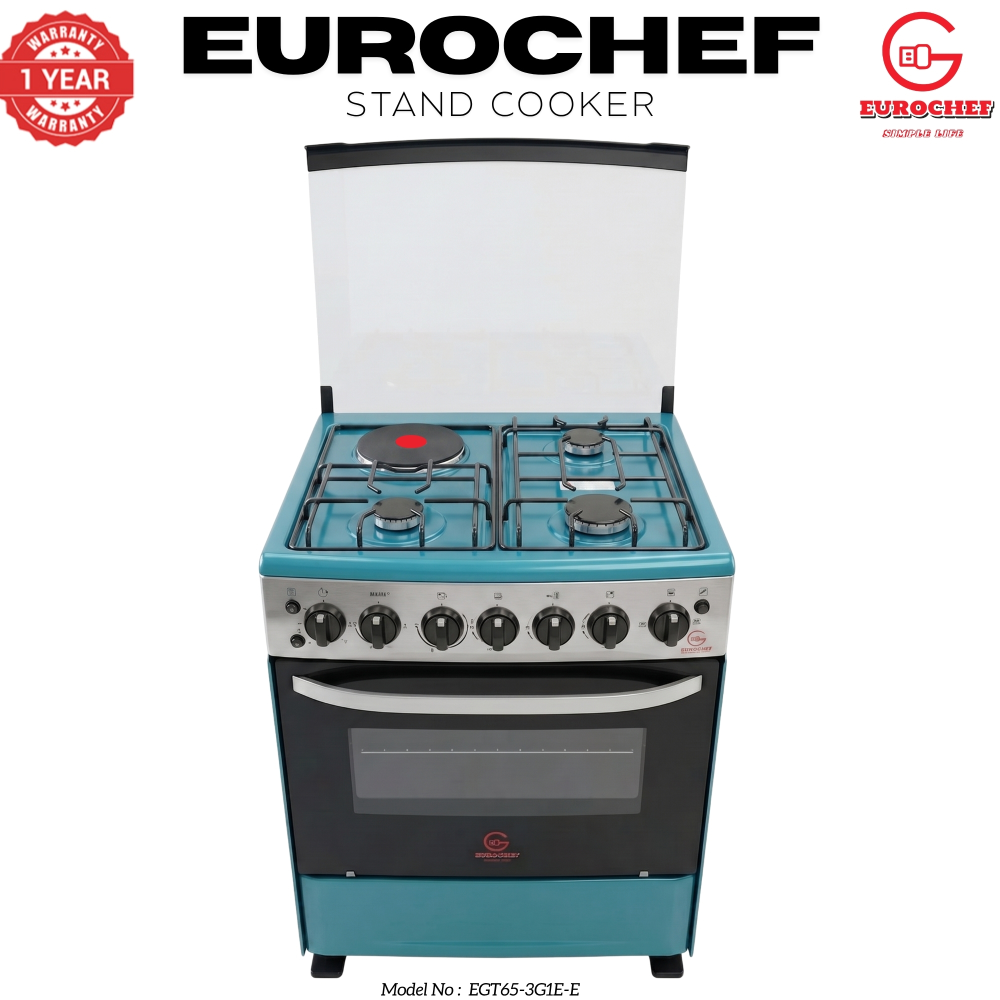 【LIMITED OFFER】 EUROCHEF 60X65 EGT65-3G1E-E Home Improvement 67l  Free Standing Gas Cooker  3 Gas +1 Hotplate Kitchen Appliance With Electric Oven
