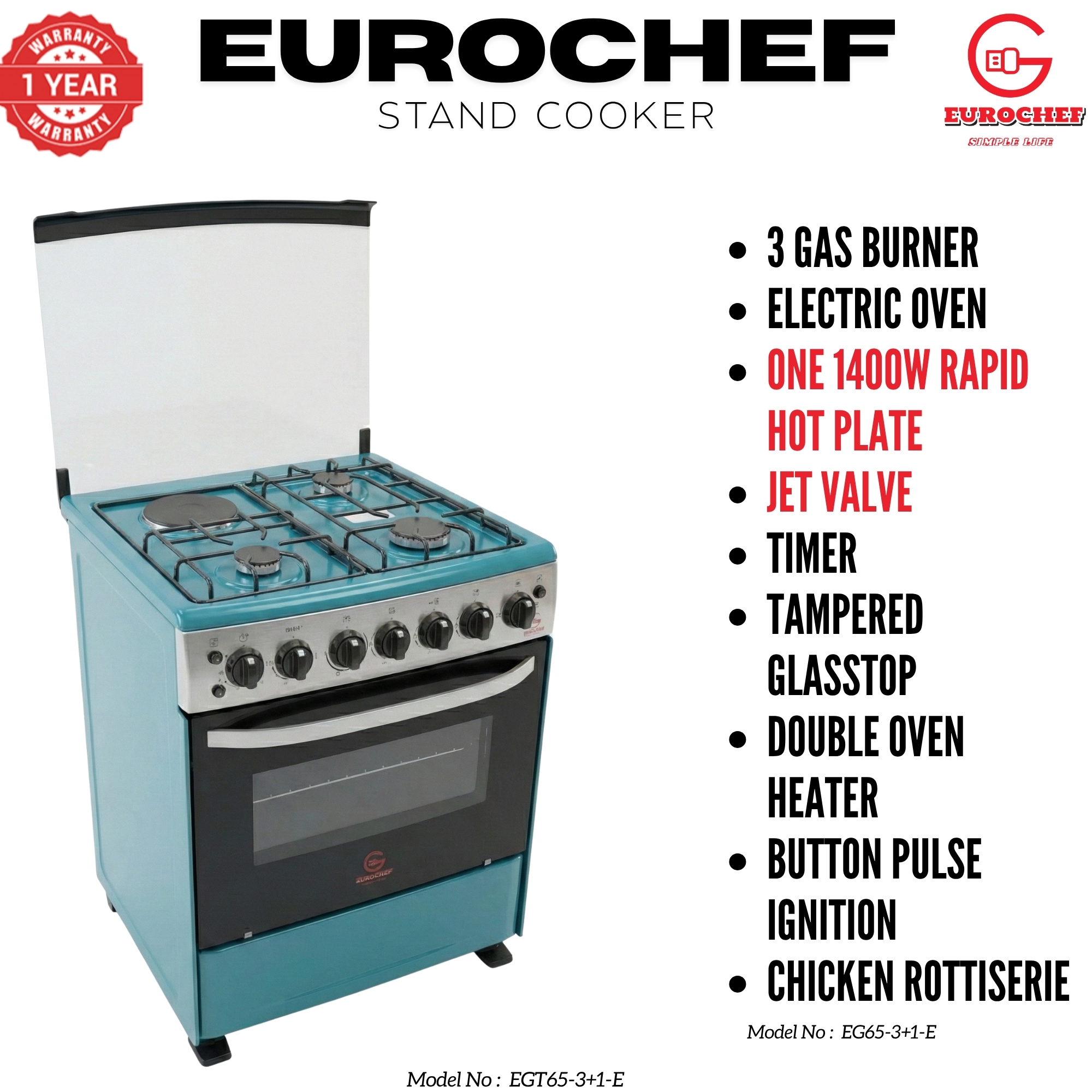 【LIMITED OFFER】 EUROCHEF 60X65 EGT65-3G1E-E Home Improvement 67l  Free Standing Gas Cooker  3 Gas +1 Hotplate Kitchen Appliance With Electric Oven