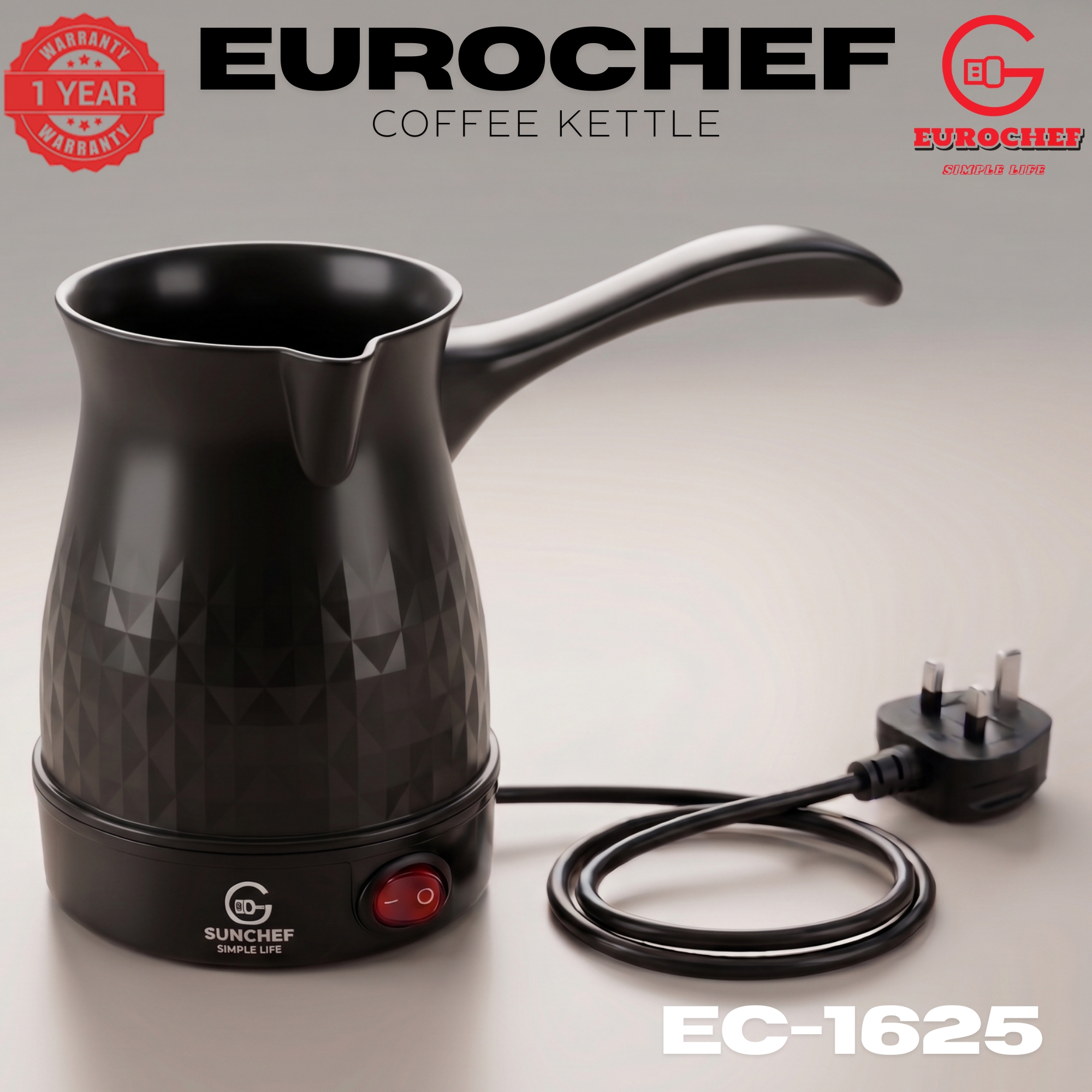 【Limited Offer】Eurochef  EC-1625  Electric Turkish Coffee Maker - Cordless Kettle, BPA-Free, 0.5L (500ml), 600W