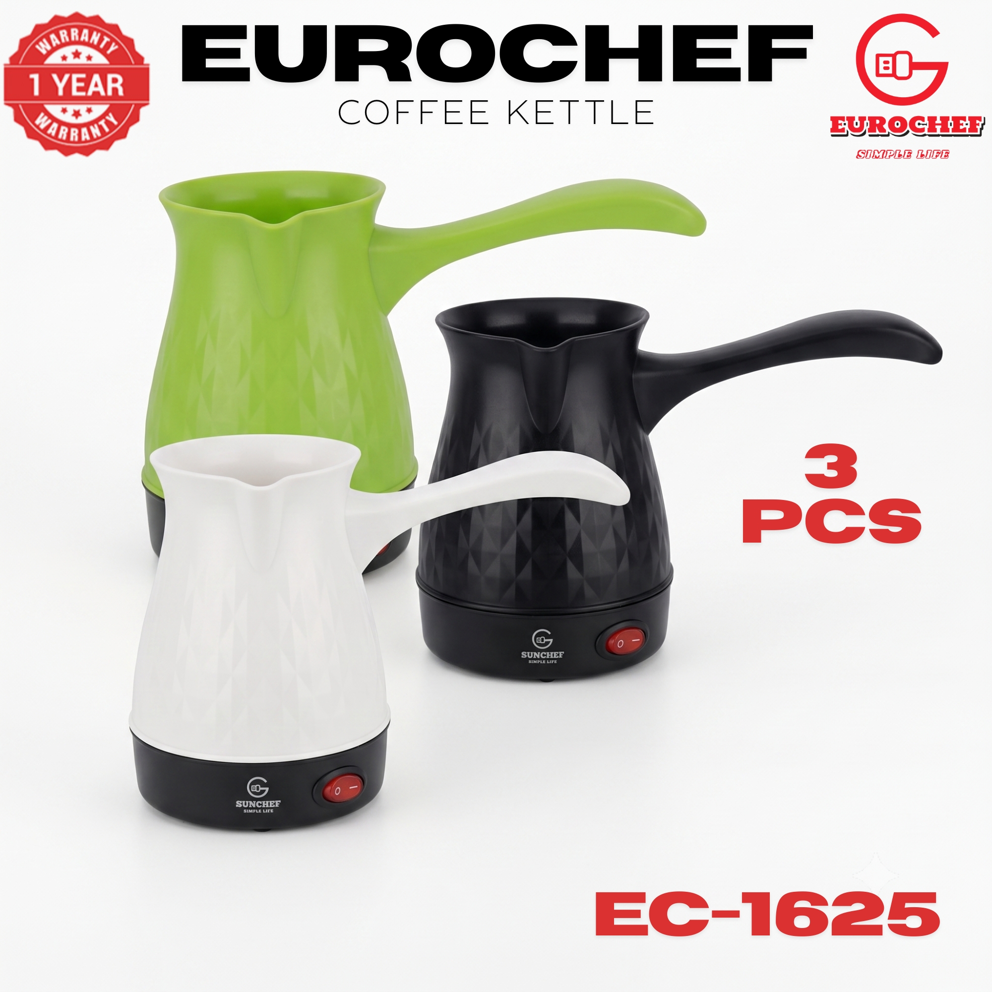 【 3 PIECES 】Eurochef  EC-1625  Electric Turkish Coffee Maker - Cordless Kettle, BPA-Free, 0.5L (500ml), 600W - BLACK WHITE GREENE