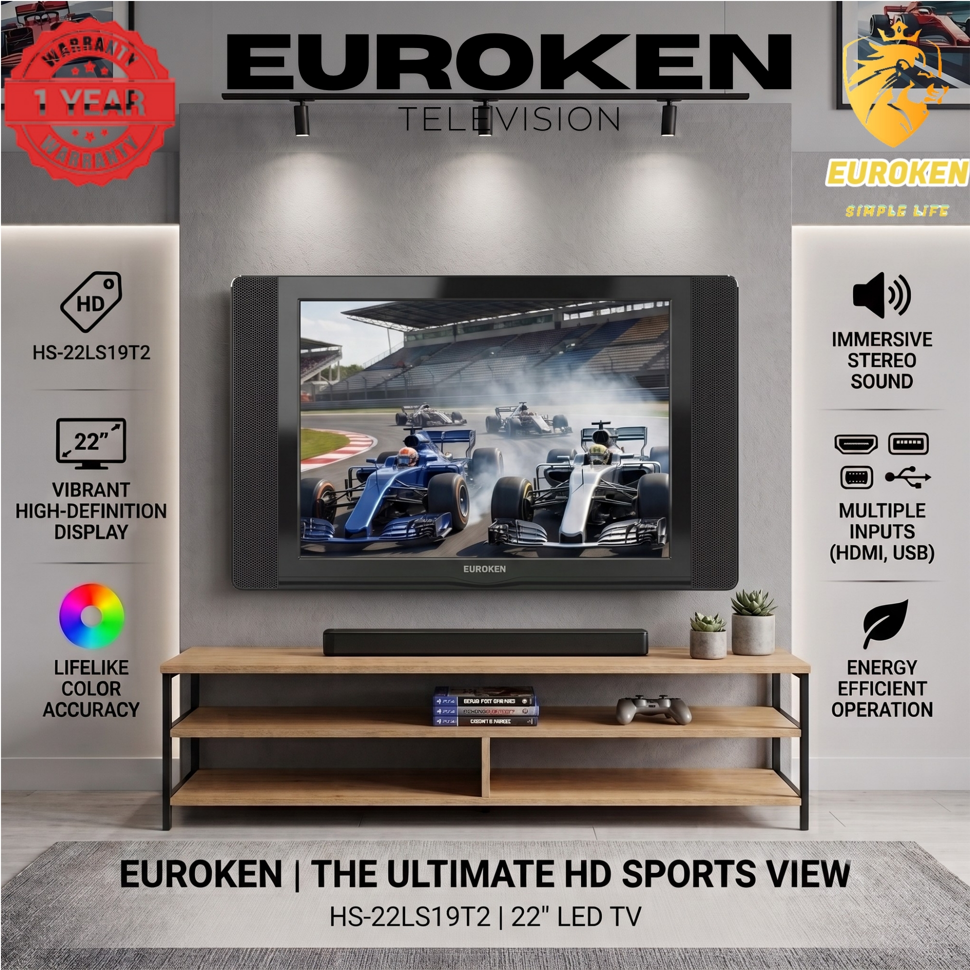 【Limited Offer】 Euroken HS-22LS19T2 19" Inch Full Screen Display Television Ac/dc Digital Led Tv With Inbuilt Decoder For Local Channels Wide Color Enhancer, Usb Hdmi Ports