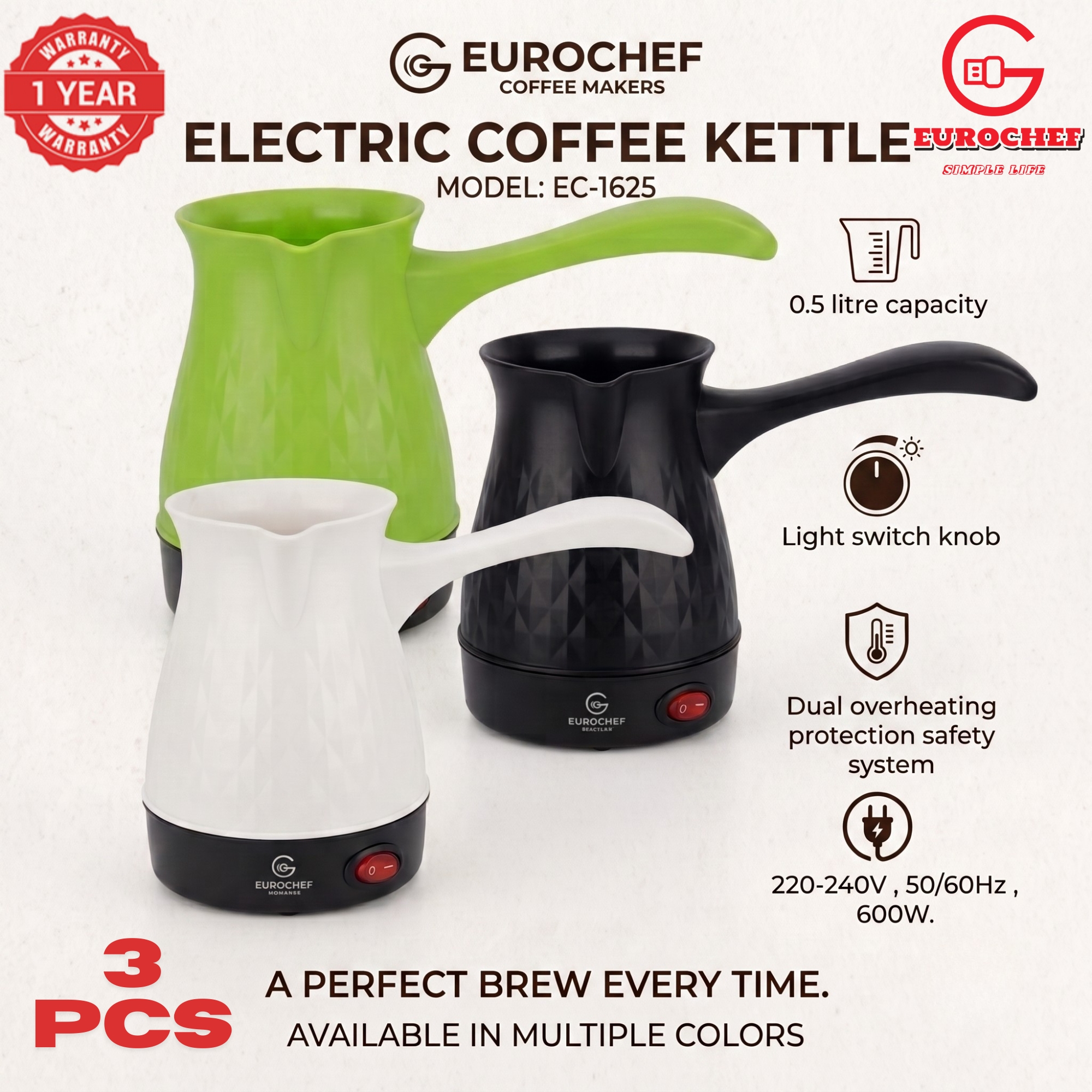 【 3 PIECES 】Eurochef  EC-1625  Electric Turkish Coffee Maker - Cordless Kettle, BPA-Free, 0.5L (500ml), 600W - BLACK WHITE GREENE