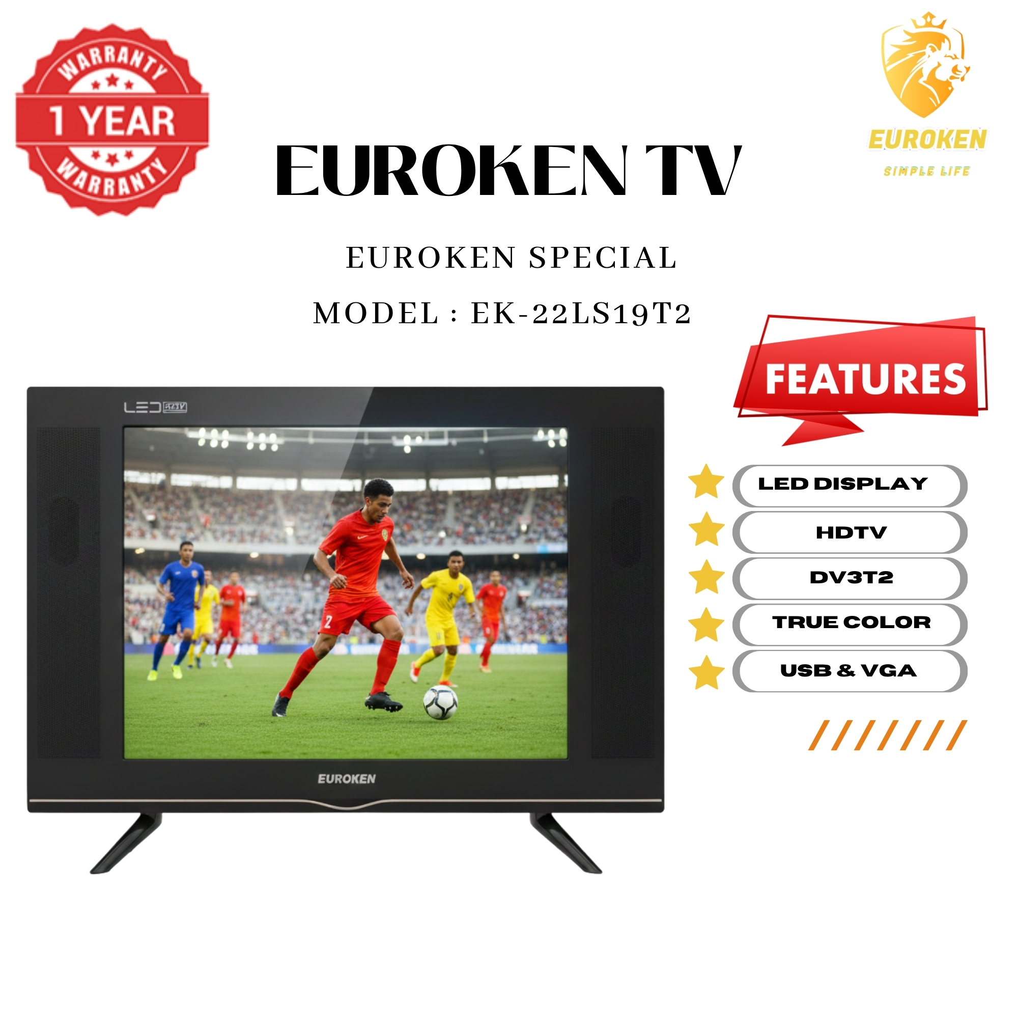 【Limited Offer】 EUROKEN EK-22LS19T2 19" INCH FULL SCREEN DISPLAY TELEVISION AC/DC DIGITAL LED TV WITH INBUILT DECODER FOR LOCAL CHANNELS WIDE COLOR ENHANCER, USB HDMI PORTS