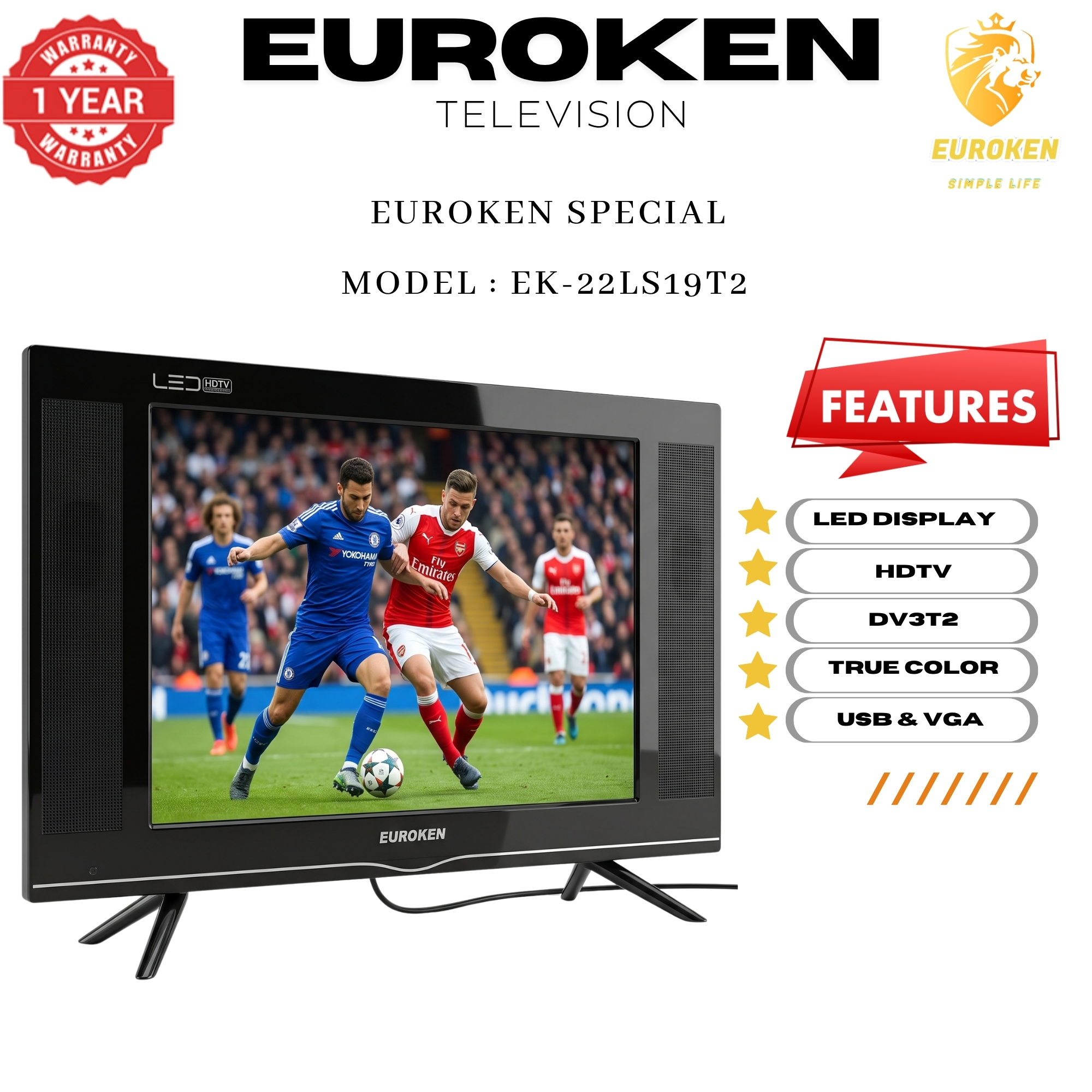 【Limited Offer】 EUROKEN EK-22LS19T2 19" INCH FULL SCREEN DISPLAY TELEVISION AC/DC DIGITAL LED TV WITH INBUILT DECODER FOR LOCAL CHANNELS WIDE COLOR ENHANCER, USB HDMI PORTS