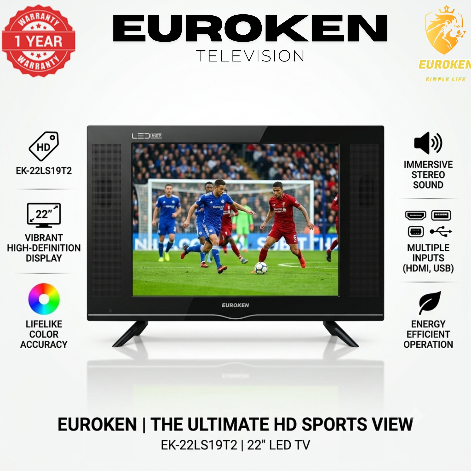 【Limited Offer】 EUROKEN EK-22LS19T2 19" INCH FULL SCREEN DISPLAY TELEVISION AC/DC DIGITAL LED TV WITH INBUILT DECODER FOR LOCAL CHANNELS WIDE COLOR ENHANCER, USB HDMI PORTS