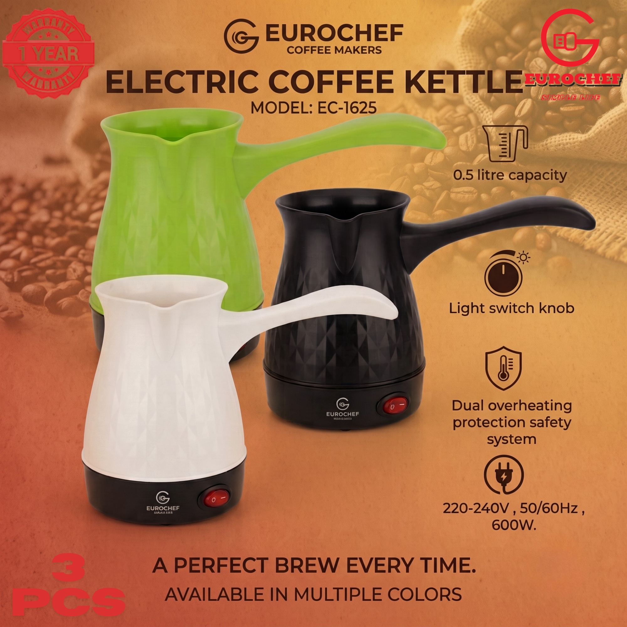 【 3 PIECES 】Eurochef  EC-1625  Electric Turkish Coffee Maker - Cordless Kettle, BPA-Free, 0.5L (500ml), 600W - BLACK WHITE GREENE