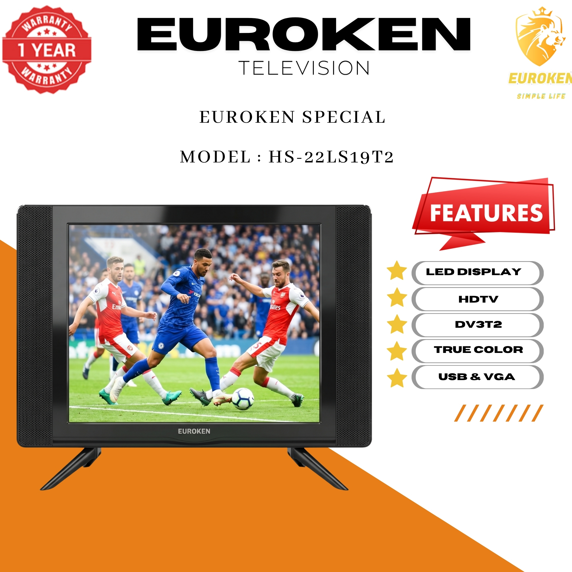 【Limited Offer】 Euroken HS-22LS19T2 19" Inch Full Screen Display Television Ac/dc Digital Led Tv With Inbuilt Decoder For Local Channels Wide Color Enhancer, Usb Hdmi Ports